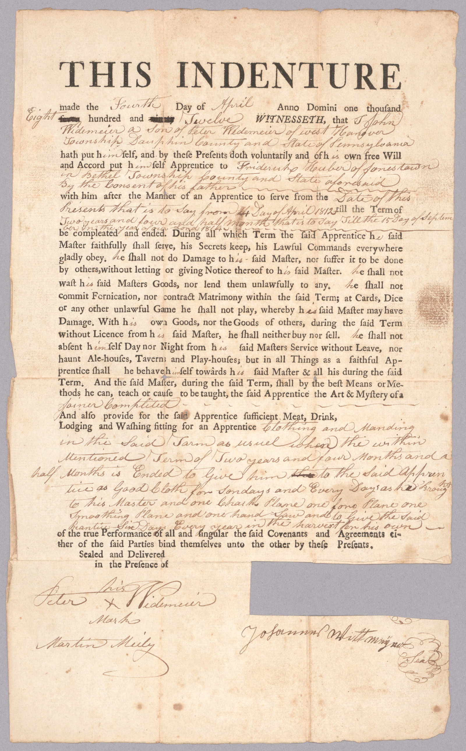 1812 INDENTURED SERVANT TRAINS AS A CARPENTER 'JOINER' (1 of 1)