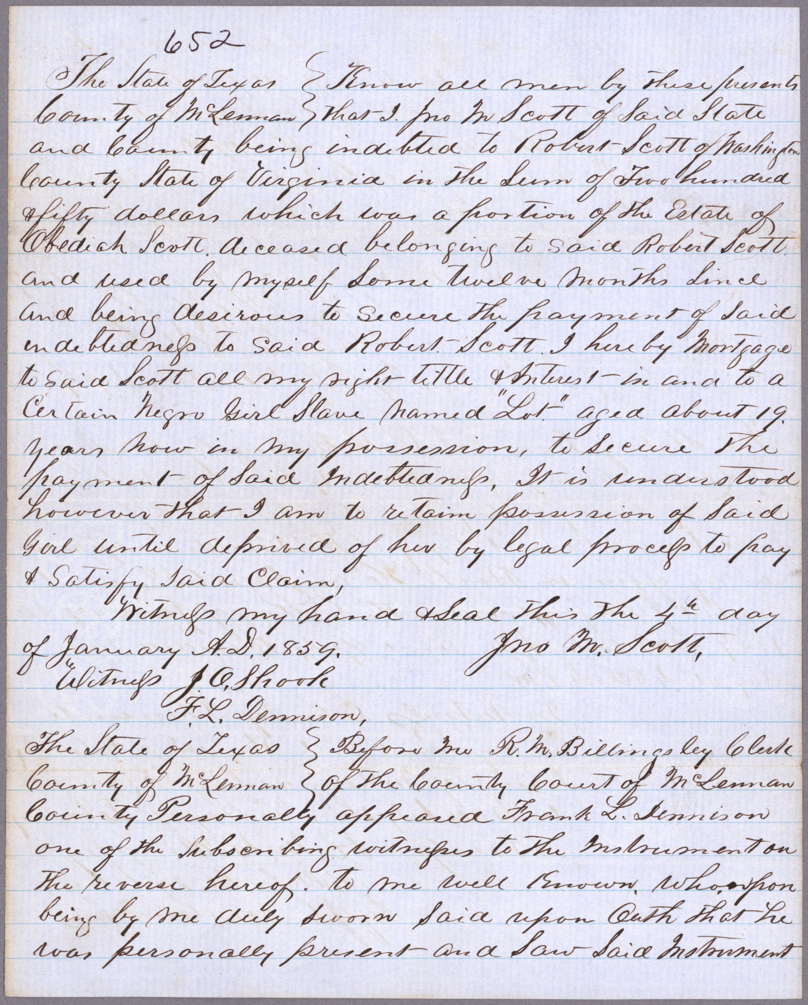 TITLE TO AN ENSLAVED GIRL: Manuscript D.S. 2pp. 4to., McLean, TX, Jan. 4, 1859, a note of $500.00 due to Robert Scott of Washington County, VA, by John M. Scott in consideration of ‘…a certain Negro girl named ̵
