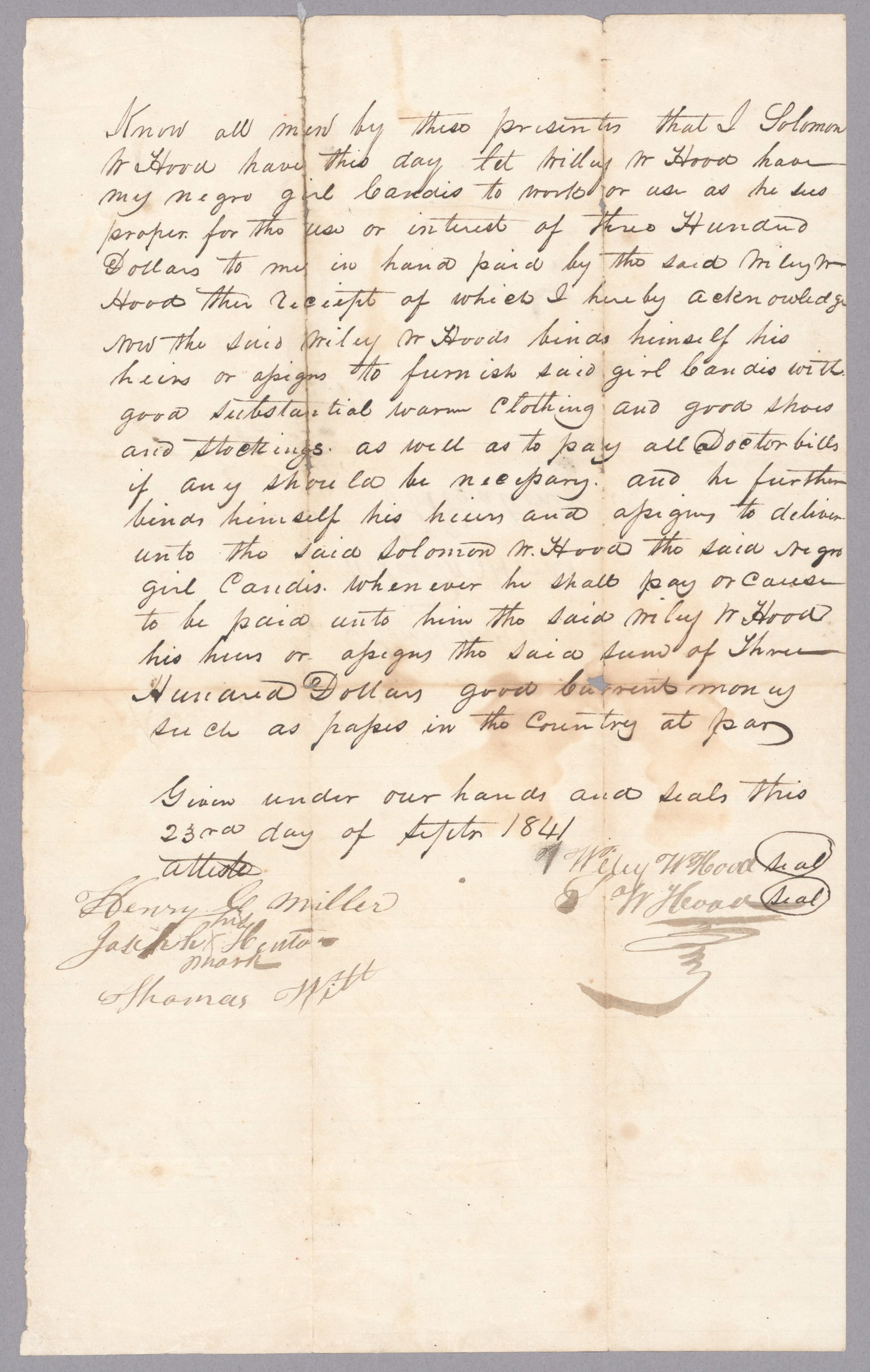 LEASE OF AN ENSLAVED GIRL: Partly-printed D.S. 1p. legal folio, [n.p. but Franklin County, MO], Sept. 23, 1841, in which Solomon W. Wood lets to Willey E. Hood ‘…my negro girl Candis to work or use as he sees fit fo
