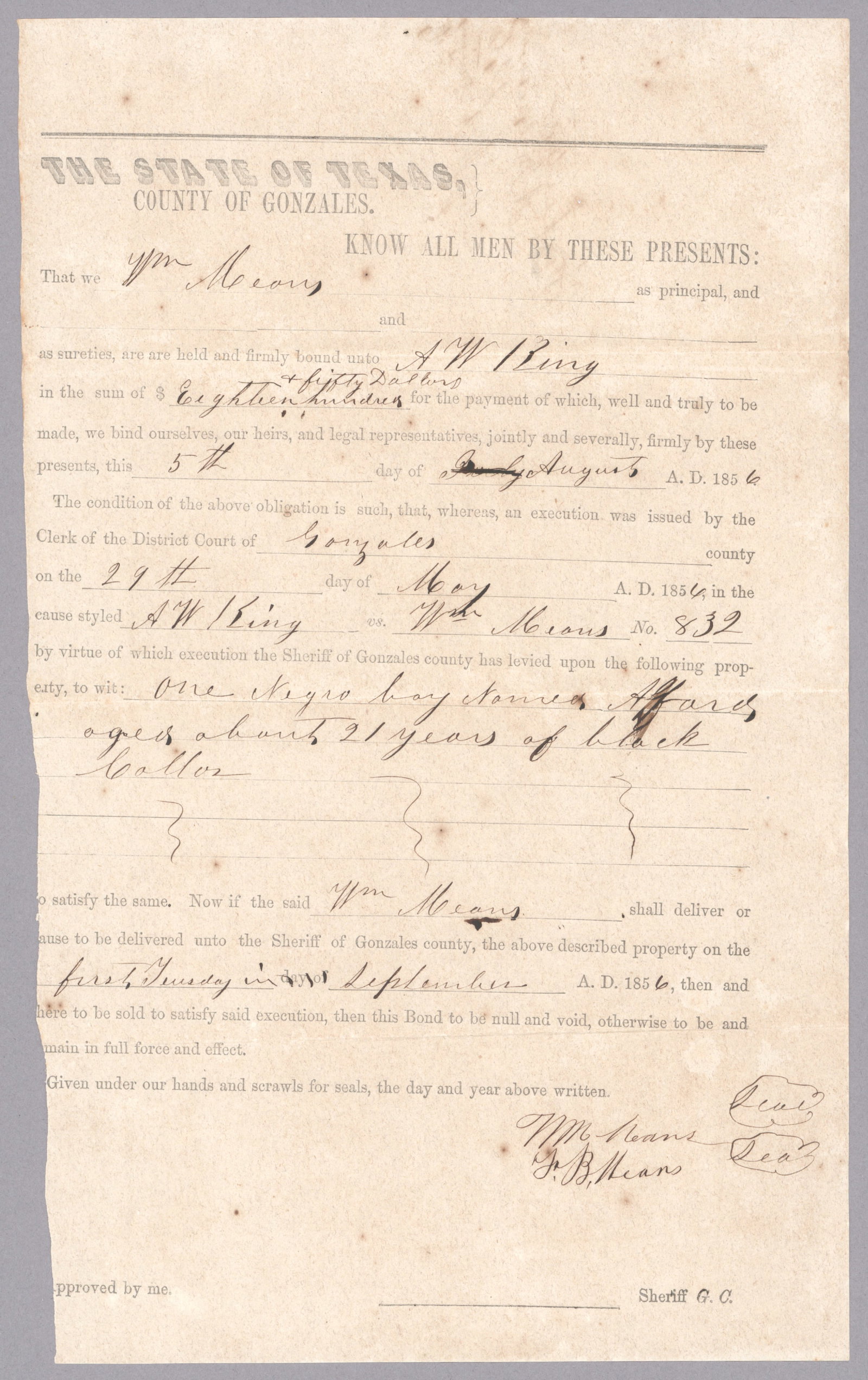 TEXAS BOND FOR AN ENSLAVED BOY: Partly-printed, scarce D.S. 1p. legal folio, Gonzales, TX, Aug. 5, 1856, a bond of $1,850.00 issued to A. W. Ring for ‘…one Negro boy named Alfred aged about 21 years of black collor [sic]