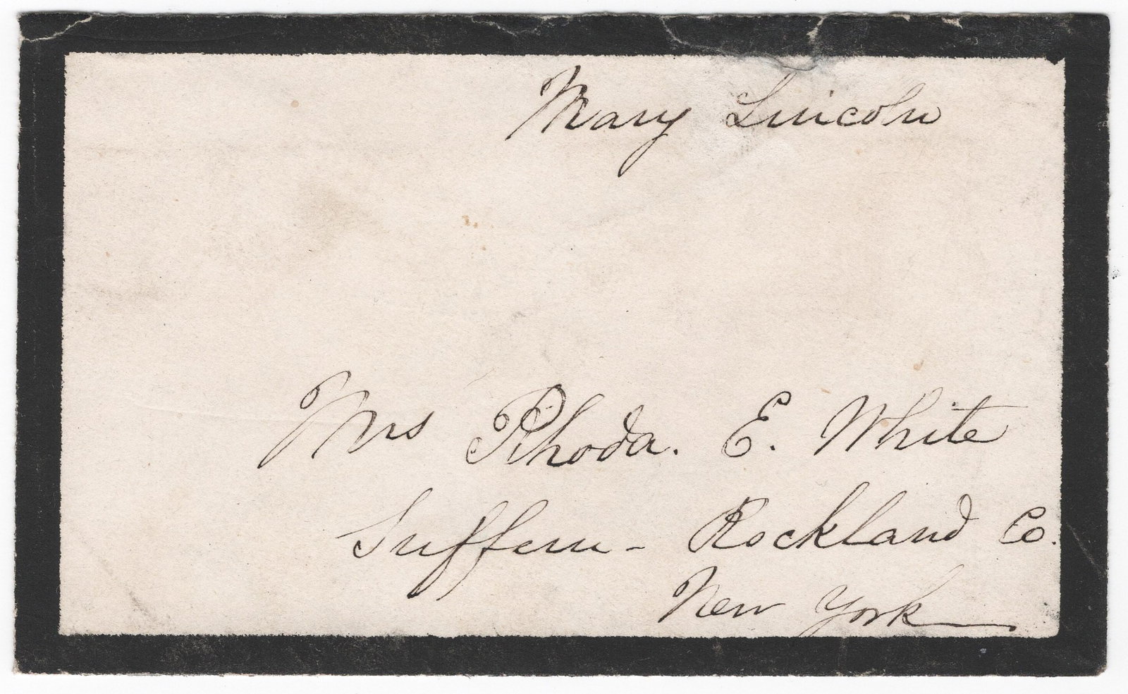 MARY TODD LINCOLN: (1818-1882) First Lady of the United States, the wife of President Abraham Lincoln. A fine, very rare signed piece, her free-franking signature ‘Mary Lincoln’ in black ink at the upper