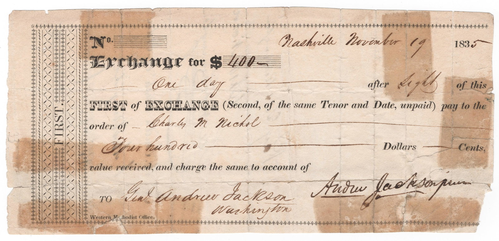 ANDREW JACKSON, JR.: (ca. 1809 - 1865) Adopted son of President Andrew Jackson with whom he owned a plantation and 51 slaves. Jackson also served as his father's secretary. Jackson helped manage the Hermitage but was a