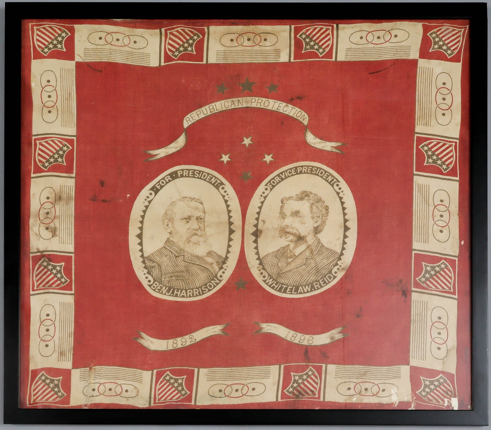 BENJAMIN HARRISON 1892 PRESIDENTIAL ELECTION CAMPAIGN HANDKERCHIEF: An interesting article produced for the 1892 Presidential Election, a wool or cotton bunting handkerchief, 22 x 20 in. (sight), with a clamp-dyed red field at center, enclosing portraits of incumbent