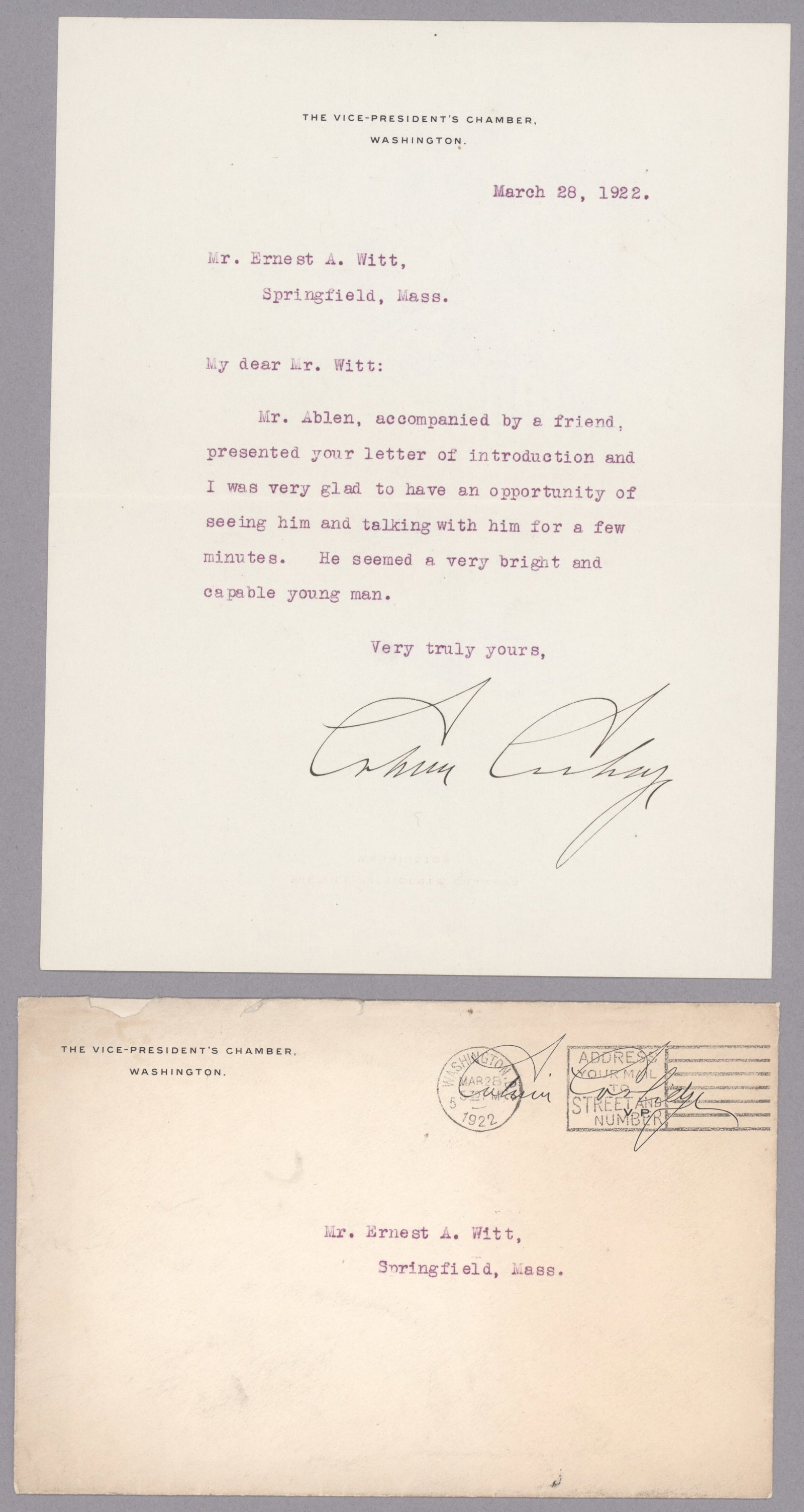 CALVIN COOLIDGE: (1872-1933) Thirtieth President of the United States who succeeded to the presidency upon the death of Harding. T.L.S. as Vice President, 1p. 4to., Washington, Mar. 28, 1922, to Ernest Witt