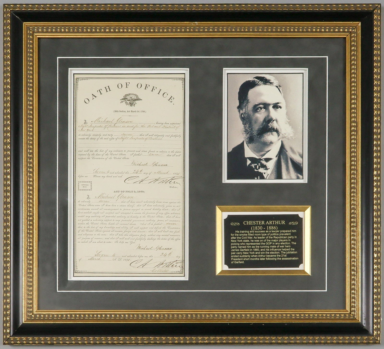 CHESTER A. ARTHUR: (1829 - 1886) Twenty-first President of the United States who took office following the assassination of James Garfield. Fine partly-printed D.S. as Collector of the Port of New York, signed twice