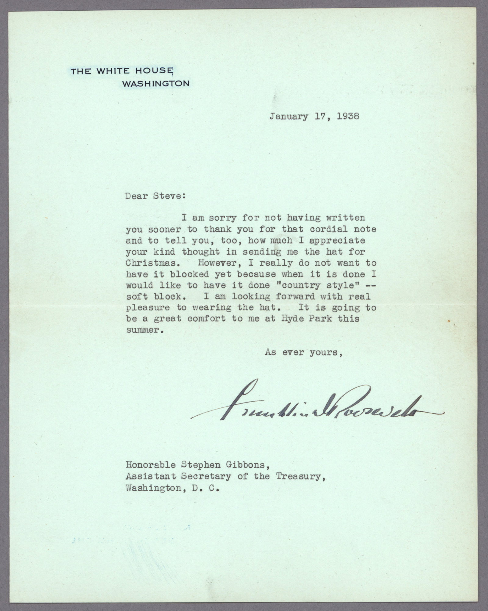 FRANKLIN D. ROOSEVELT: (1882 - 1945) Thirty-second President of the United States who instituted the 'New Deal' programs and who led the United States through most of World War II. Nice content T.L.S. as president on White