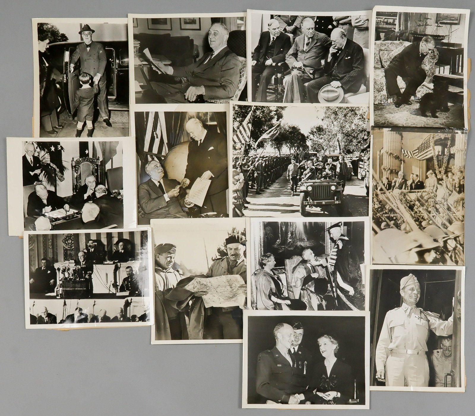 (FRANKLIN D. ROOSEVELT): Good lot of ten press photographs as president, most about 7 x 9 in. or larger, almost all bearing ink press source stamps and printed captions on verso, a variety of poses including meeting