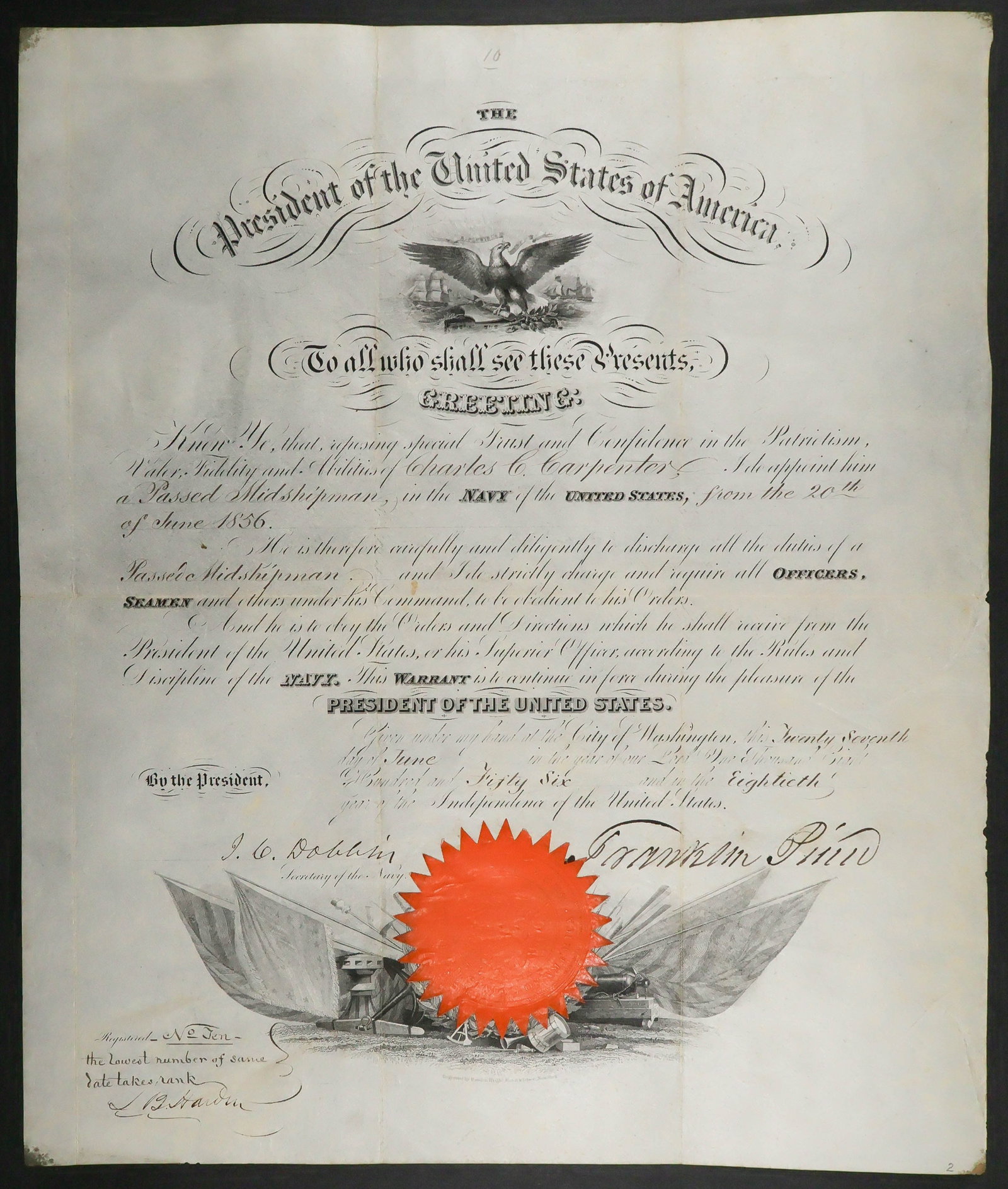 FRANKLIN PIERCE: (1804 - 1869) Fourteenth President of the United States who initiated the Gadsden Purchase, opening up the Northwest for settlement. Fine association, partly-printed D.S. as President, 1p. folio,