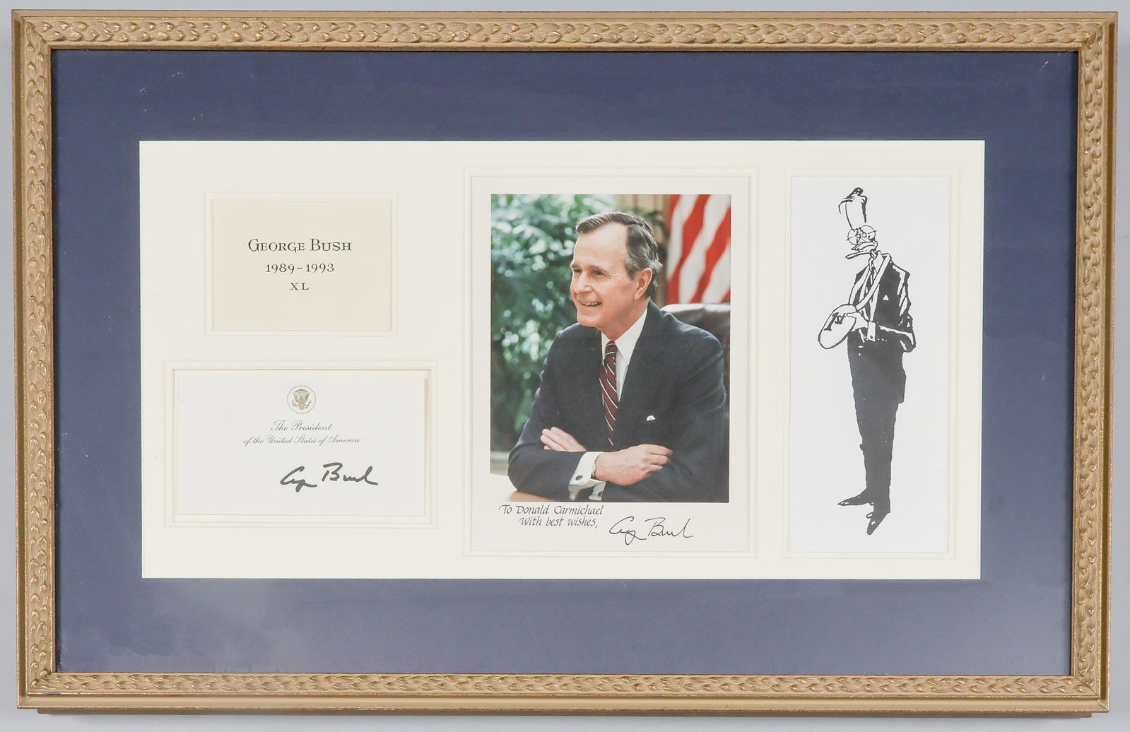 GEORGE H. W. BUSH: (1924 - 2018) Forty-first President of the United States who ordered the attack on Iraq to liberate Kuwait. Signed gilt-embossed Presidential card, handsomely matted in blue and framed with an 8 x 10
