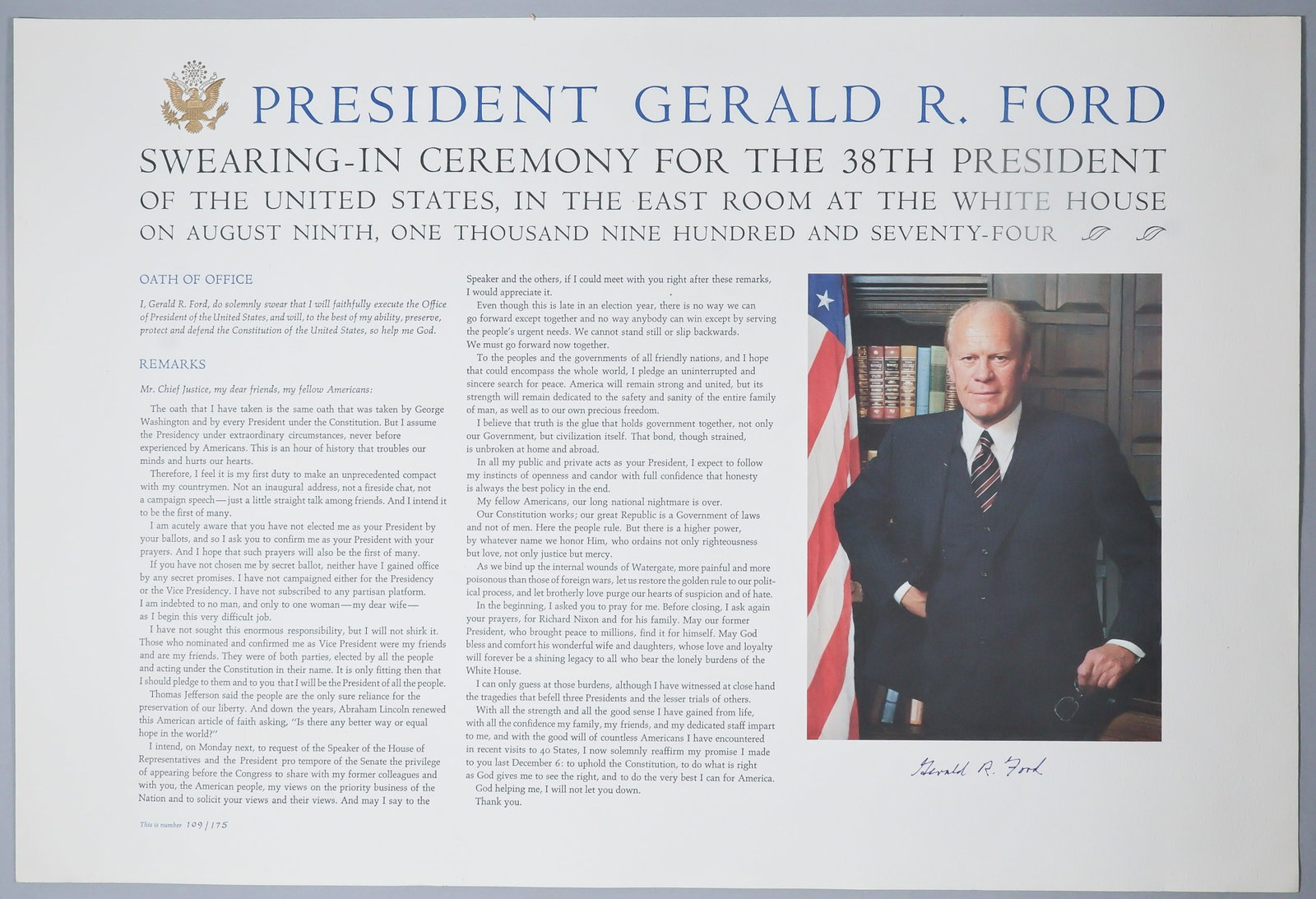 GERALD R. FORD: (1913 - 2006) 38th President of the United States who assumed office upon the resignation of Richard Nixon, who Ford later pardoned for any involvement in the Watergate scandal. Fine signed document,