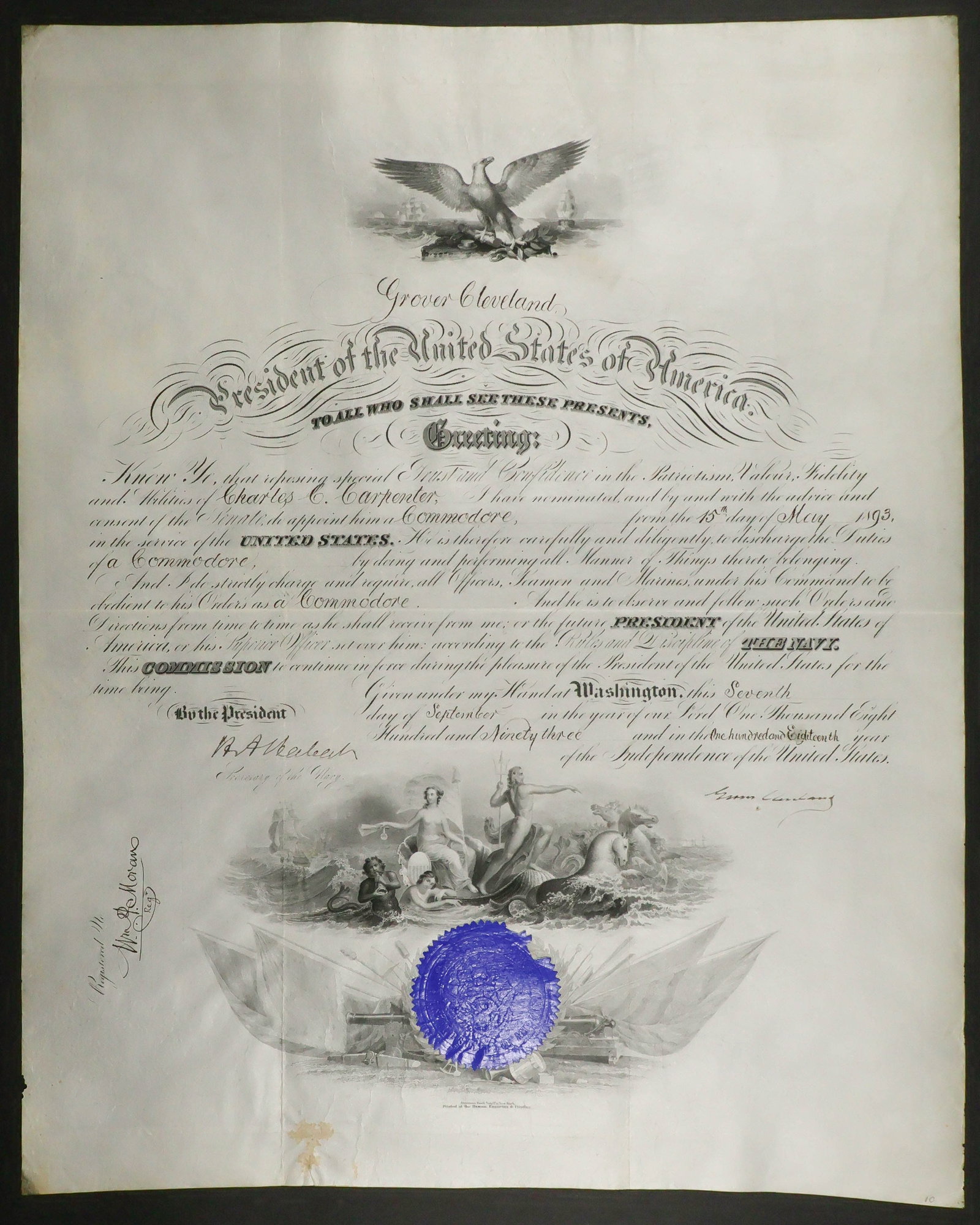 GROVER CLEVELAND: (1837 - 1908) 22nd and 24th President of the United States, supported Civil War service and fiscal reform. Fine association, partly-printed D.S. as President, 1p. folio, Washington, Sept. 7, 1893. A