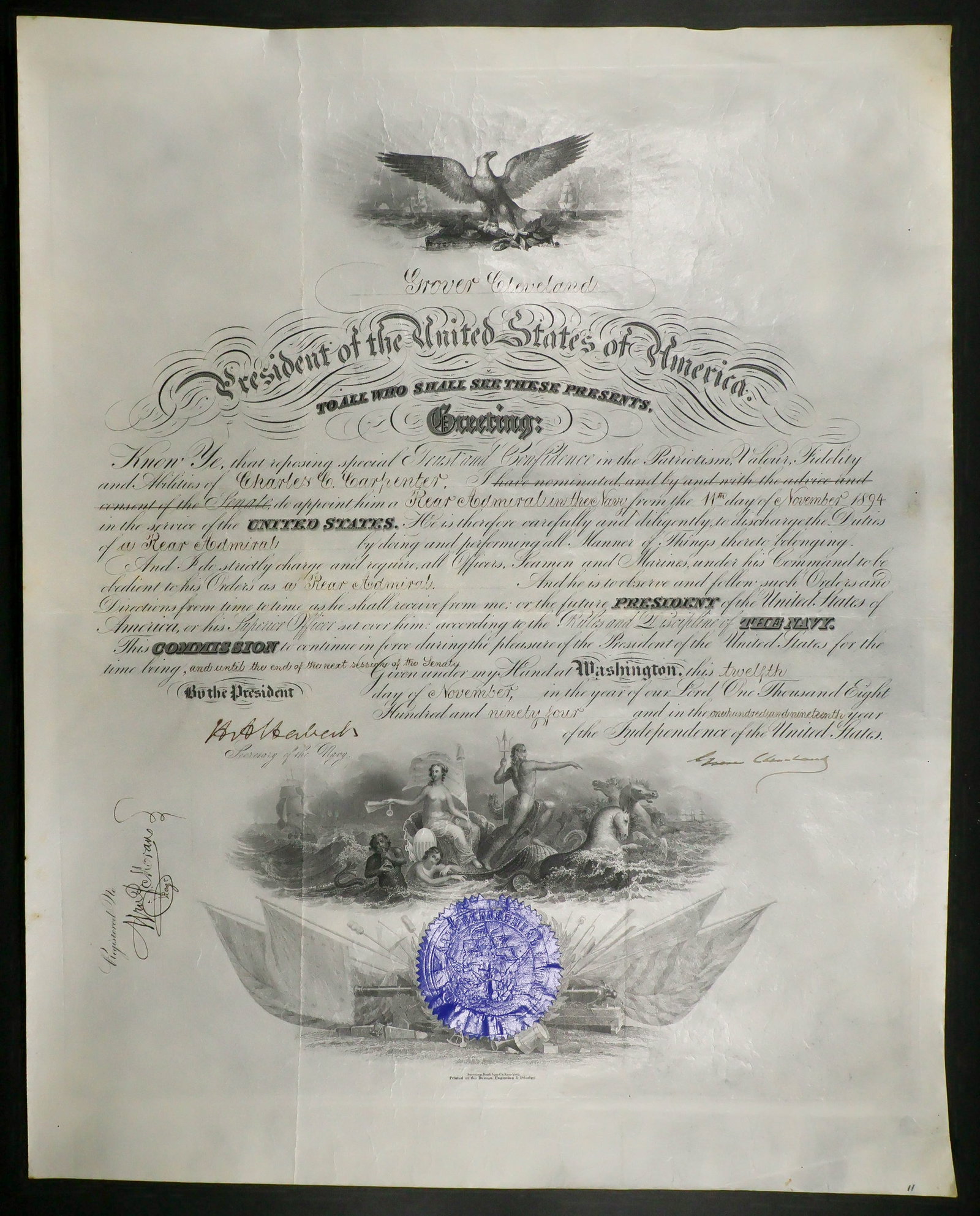 GROVER CLEVELAND: (1837 - 1908) 22nd and 24th President of the United States, supported Civil War service and fiscal reform. Fine association, partly-printed D.S. as President, 1p. folio, Washington, Nov. 12, 1894. A