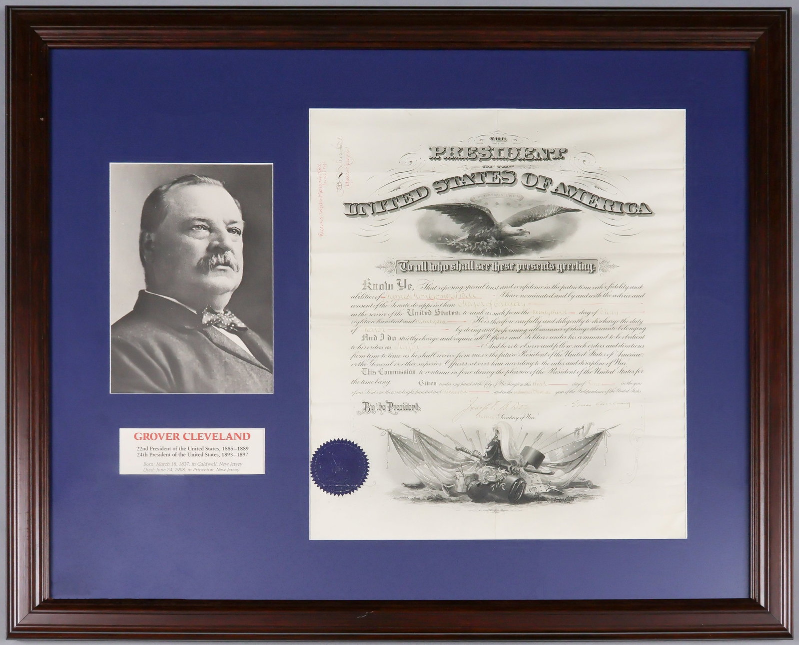 GROVER CLEVELAND: (1837 - 1908) 22nd and 24th President of the United States, supported civil service and fiscal reform. Fine partly-printed D.S. as President, 1p. folio, Washington, June 3, 1896, a military promotion