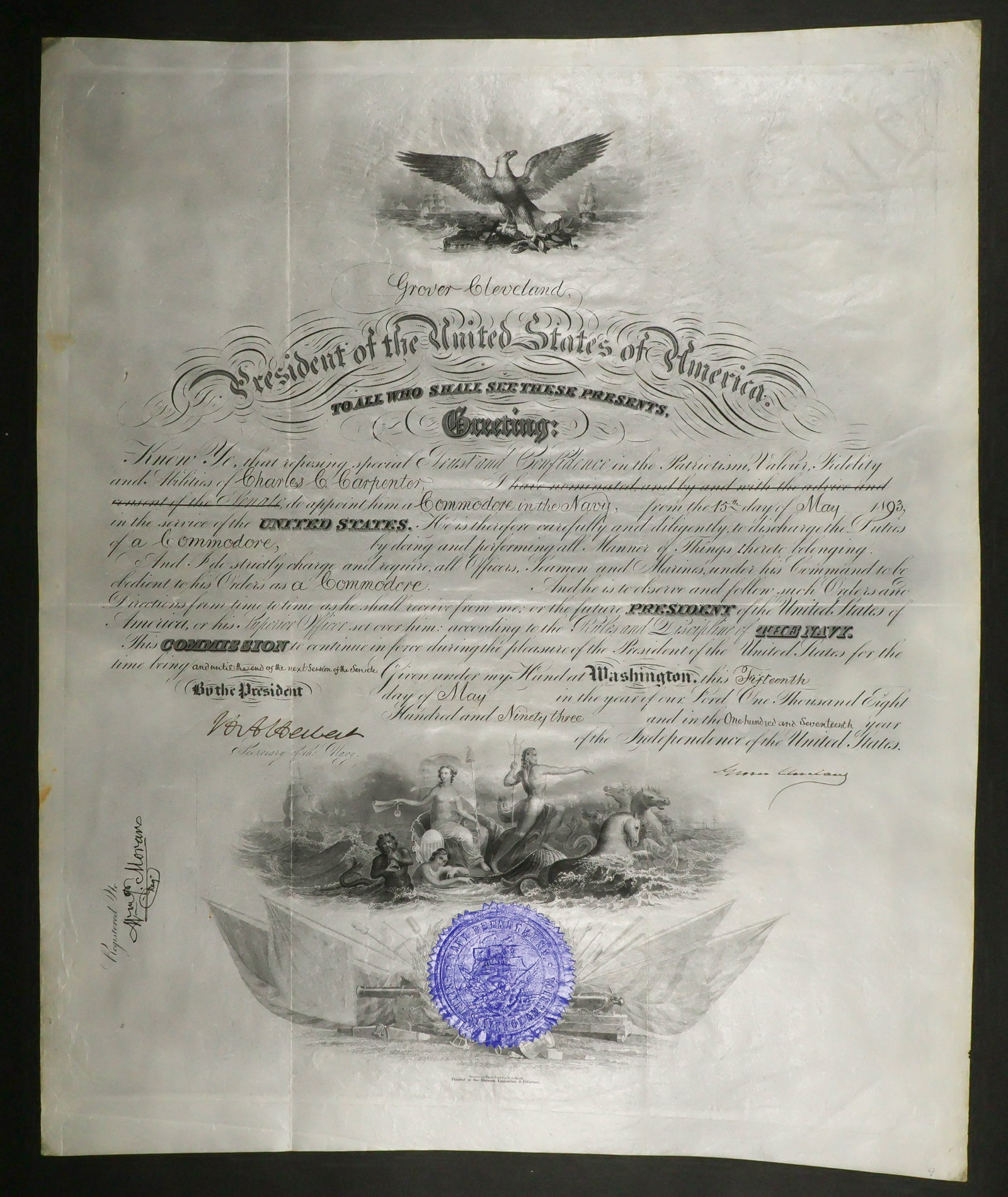 GROVER CLEVELAND: (1837 - 1908) 22nd and 24th President of the United States, supported Civil War service and fiscal reform. Fine association, partly-printed D.S. as President, 1p. folio, Washington, May 15, 1893. A