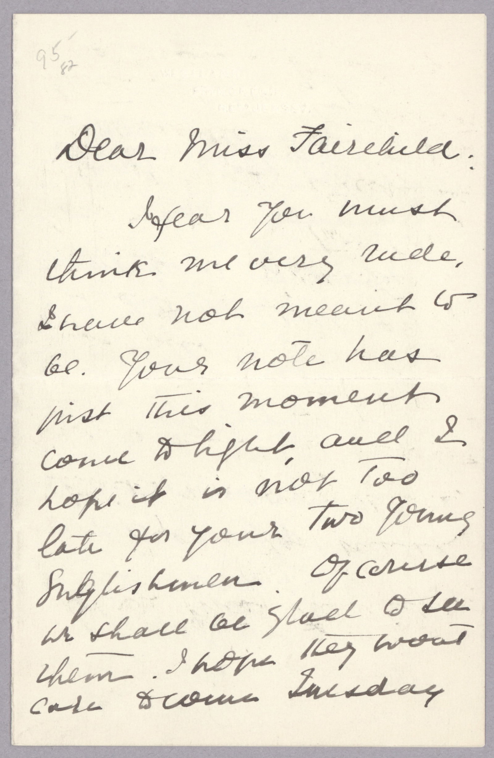 FRANCES CLEVELAND: (1865 - 1947) First Lady, wife of Grover Cleveland, 22nd and 24th President of the United States. Good content A.L.S., 3pp. 12mo., Princeton, Jan. 18, 1903, to a Miss Fairchild, in part: ‘I