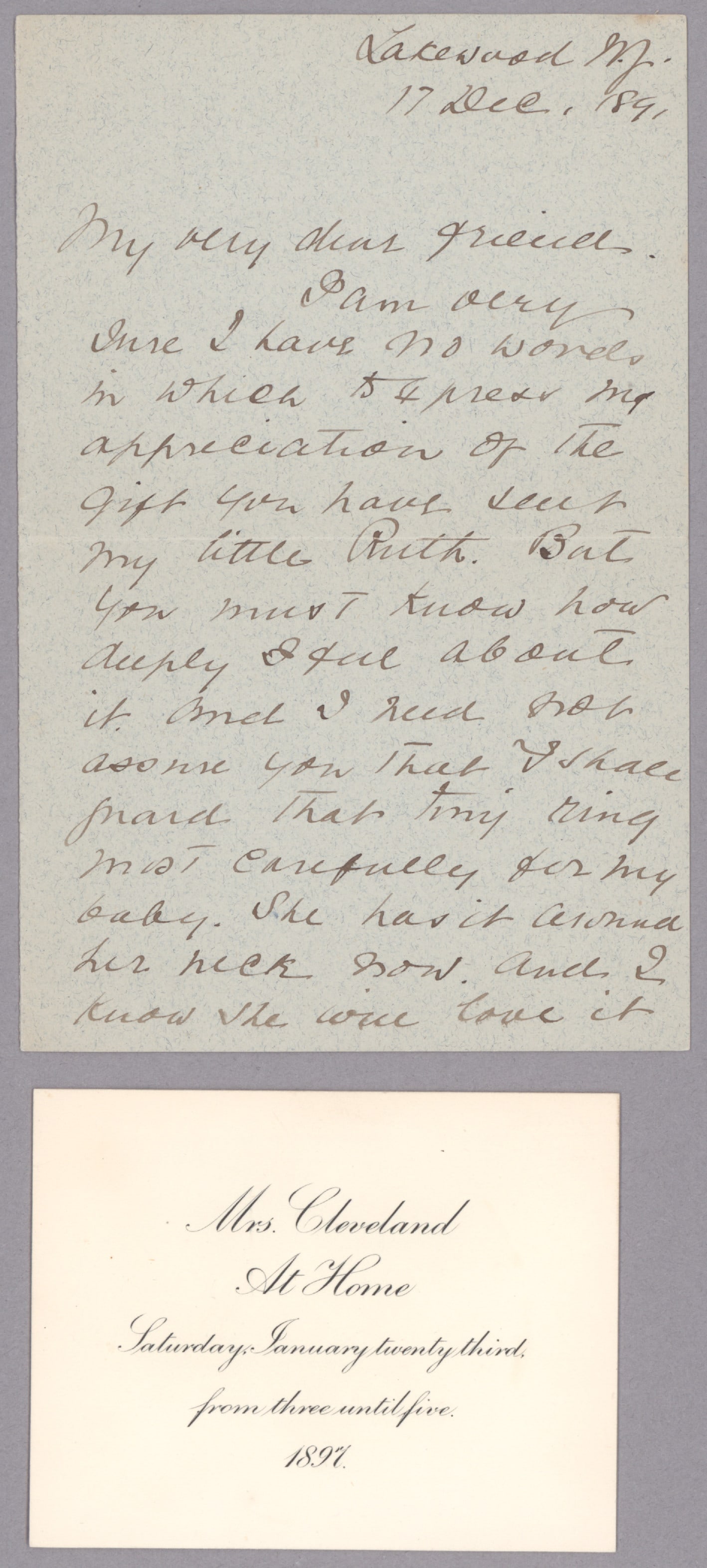 FRANCES CLEVELAND: (1865 - 1947) First Lady, wife of Grover Cleveland, 22nd and 24th President of the United States. Good content A.L.S., 4pp. 12mo., Lakewood, NJ, Dec. 17, 1891, to an unnamed friend, thanking her