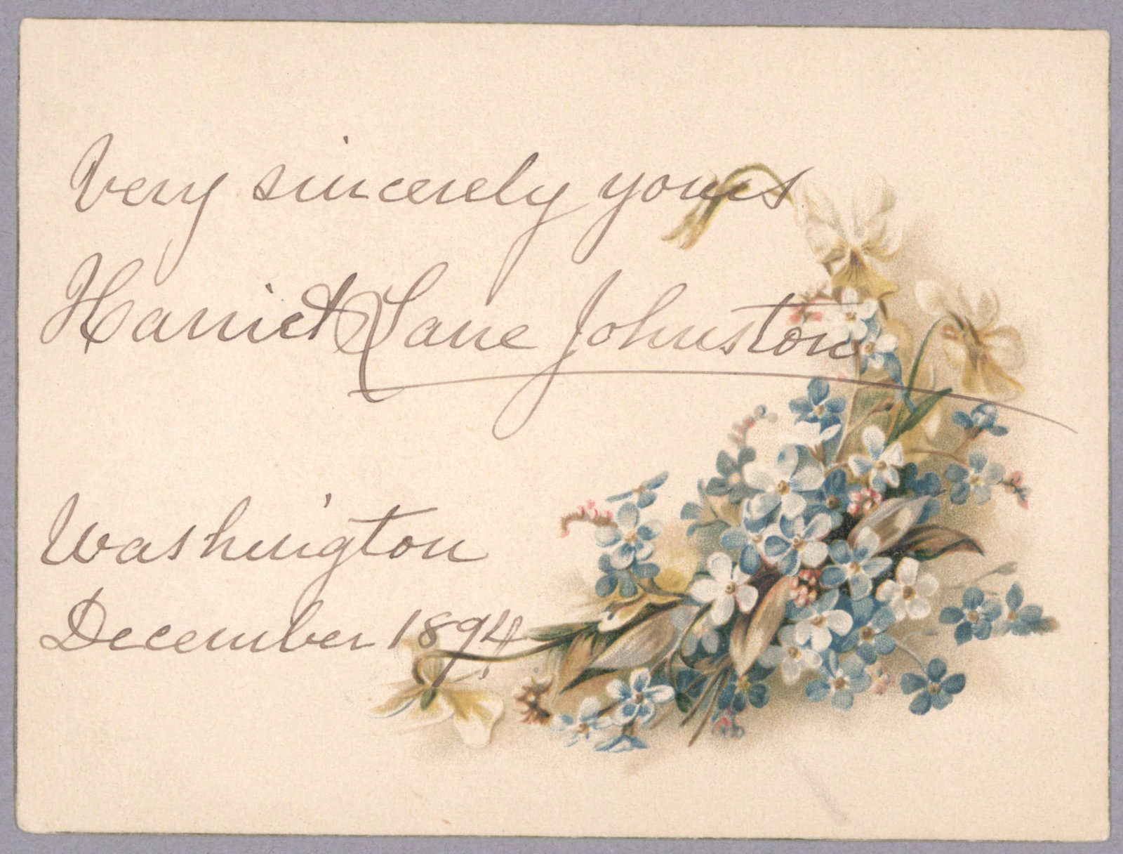 HARRIET LANE JOHNSTON: (1830 – 1903) Acting First Lady of the United States during the presidency of her uncle, lifelong bachelor James Buchanan, from 1857 to 1861. Signature in black ink on a 4.75 x 3 in.