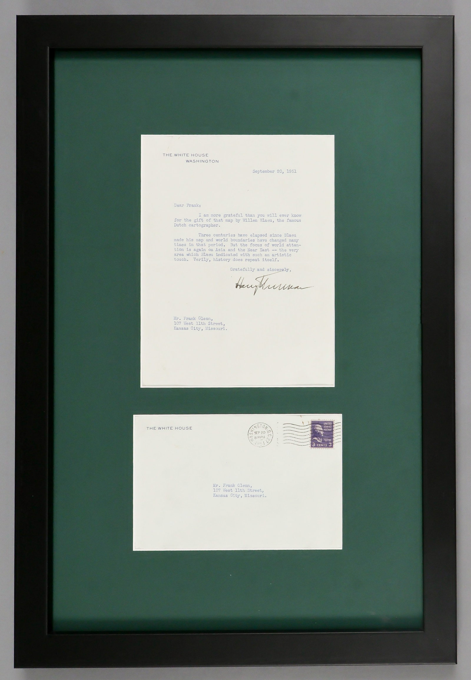 HARRY S. TRUMAN: (1884-1972) 33rd President of the United States who led the country in the closing days of World War II and through the rebuilding of Europe under the Marshall Plan and the Korean War. T.L.S. as