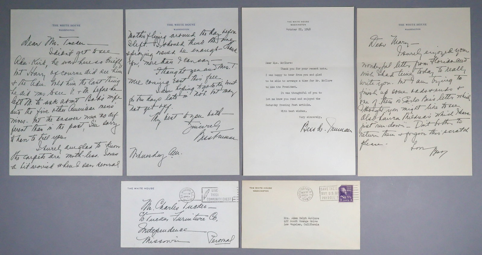 BESS TRUMAN (3): (1885 - 1982) First Lady of the United States from 1945 until 1953, and the longest lived First Lady, holding the record at 97 years, 8 months. Fine lot of three signed items, includes: A.L.S. as
