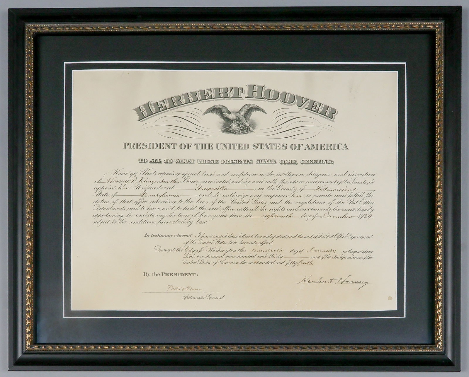 HERBERT HOOVER: (1874 - 1964) 34th President of the United States whose attempts to reverse the course of the Great Depression led to his defeat at the polls by Franklin D. Roosevelt. Partly-printed D.S. as