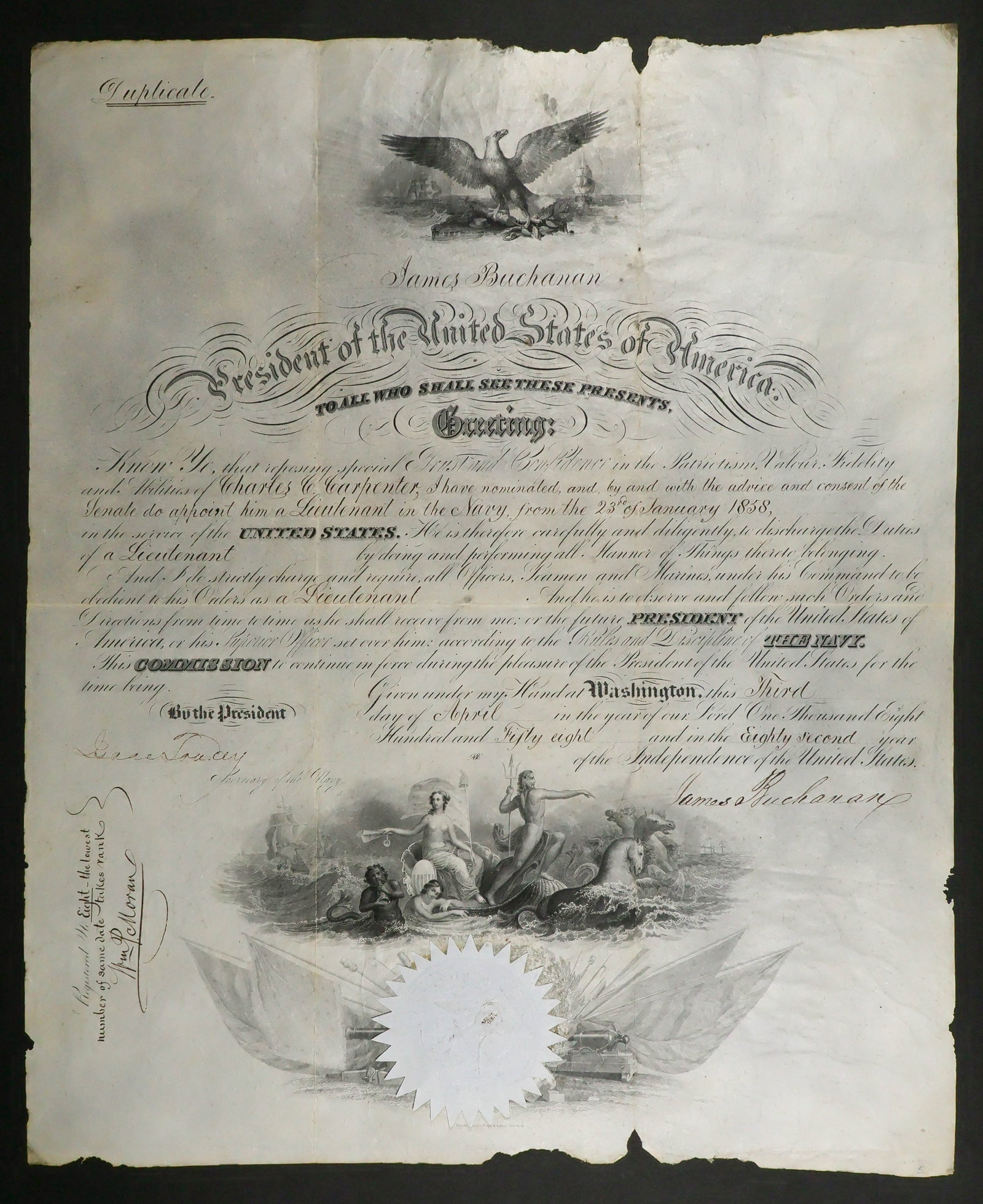 JAMES BUCHANAN: (1791 - 1868) Fifteenth President of the United States whose hands-off attitude toward states' rights directly contributed to the start of the Civil War. Fine association, partly-printed D.S. as