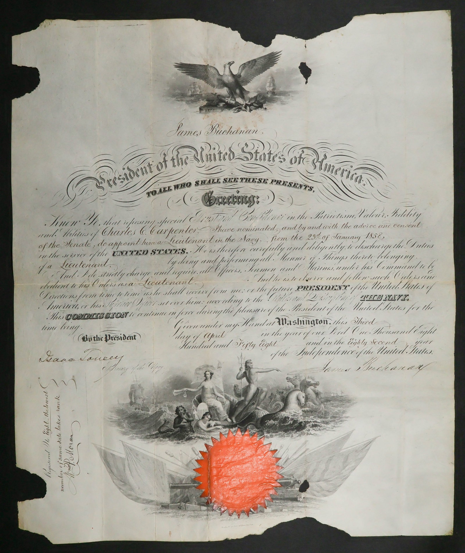 JAMES BUCHANAN: (1791 - 1868) Fifteenth President of the United States whose hands-off attitude toward states' rights directly contributed to the start of the Civil War. Fine association, partly-printed D.S. as