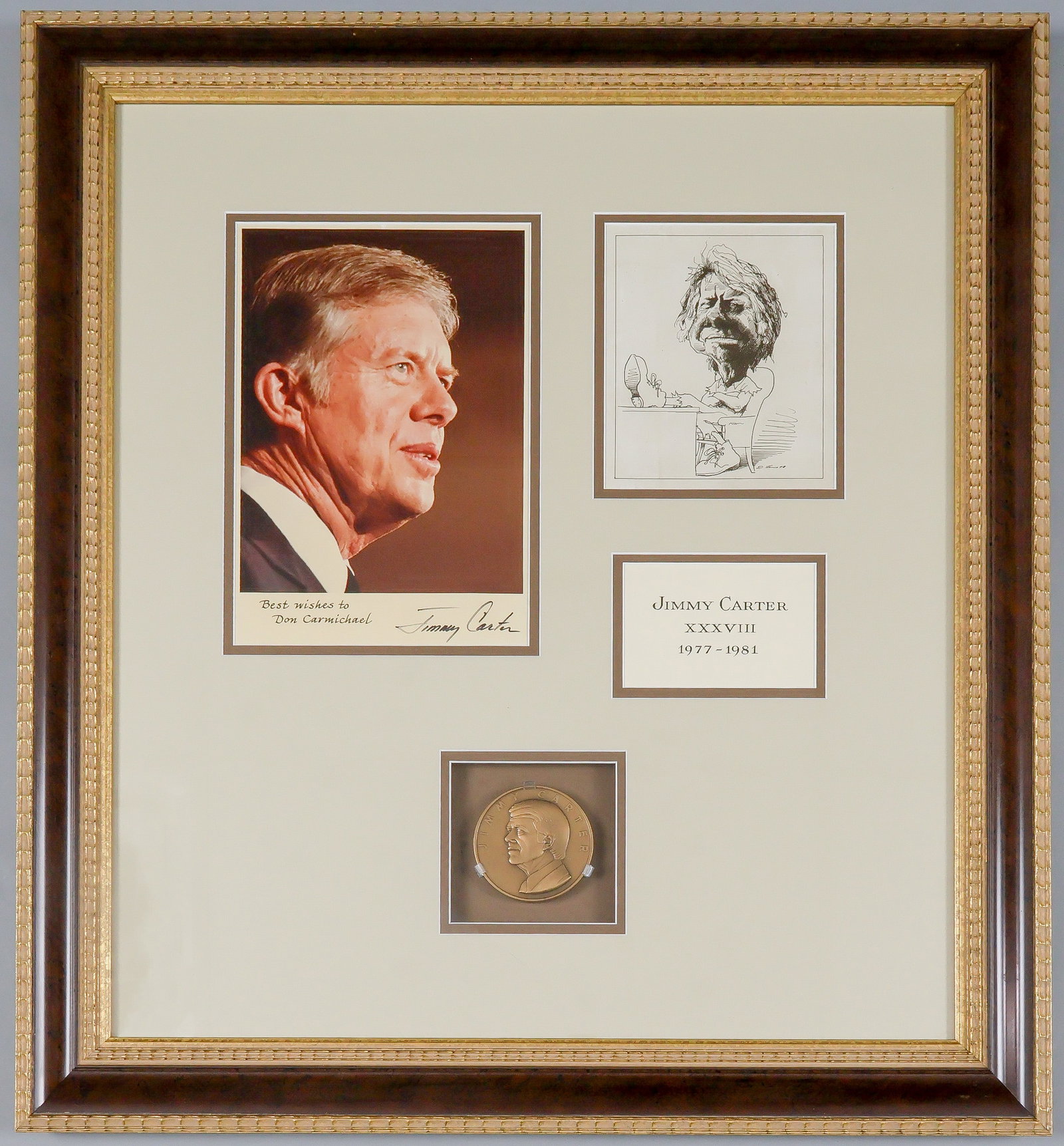 JAMES E. CARTER: (1924-2024) Thirty-ninth President of the United States who engineered a break-through in Arab-Israeli relations. I.S.P. 8 x 10 in. color, shows Carter in head and shoulders with an inscription at