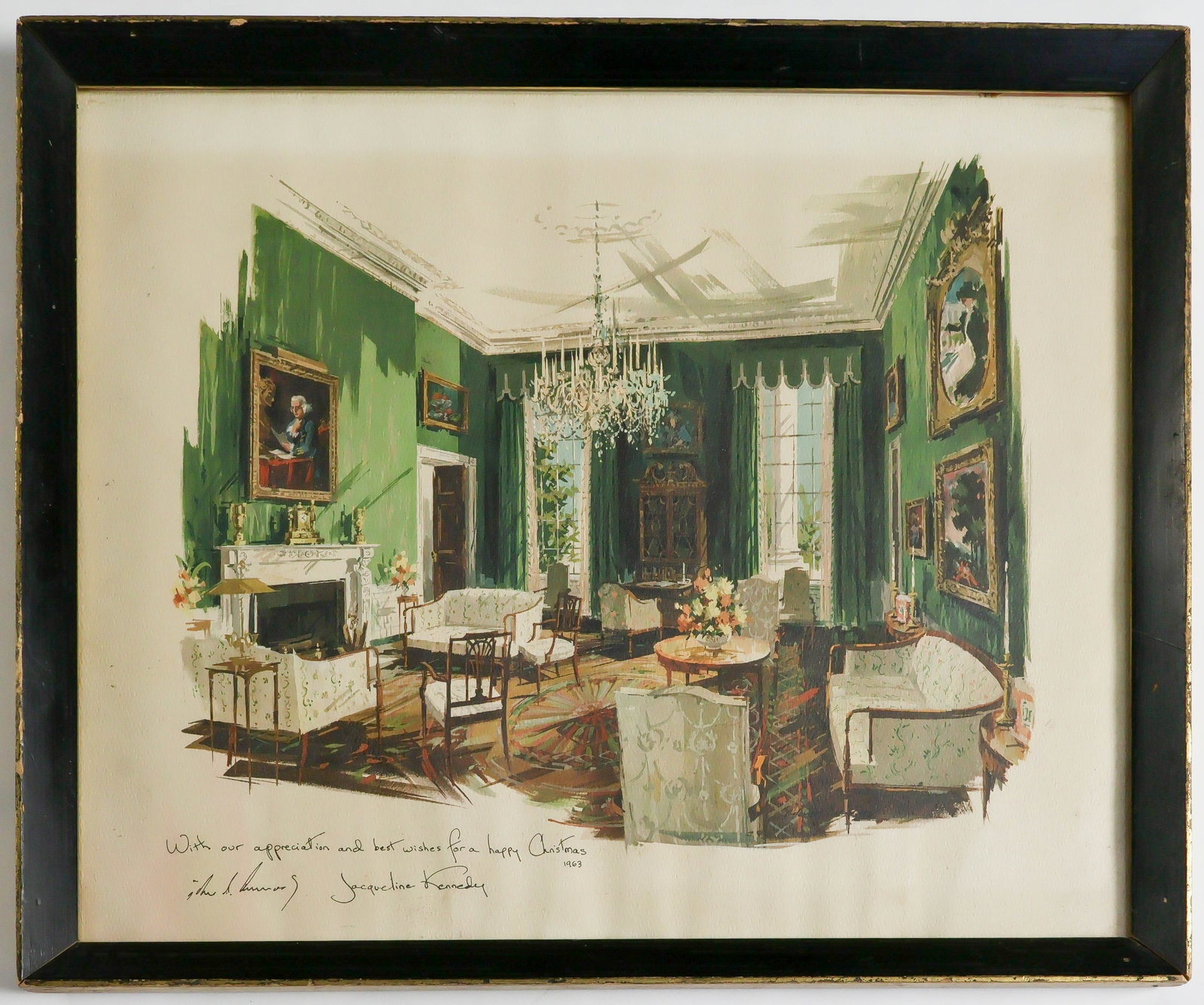 JOHN AND JACKIE KENNEDY 1963 STAFF CHRISTMAS CARD: Rare President John F. Kennedy and First Lady Jacqueline Kennedy 1963 Presidential large size presentation Christmas gift print as given exclusively to members of the White House staff. The approx.