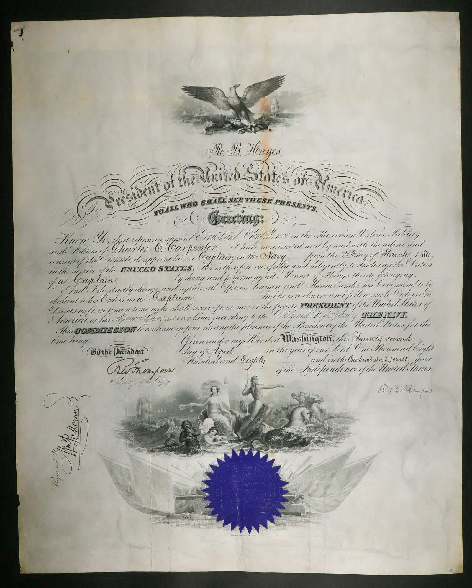 RUTHERFORD B. HAYES: (1822-1893) Nineteenth President of the United States and Union brigadier general. Fine association, partly-printed D.S. as President, 1p. folio, Washington, April 20, 1880. A naval appointment of