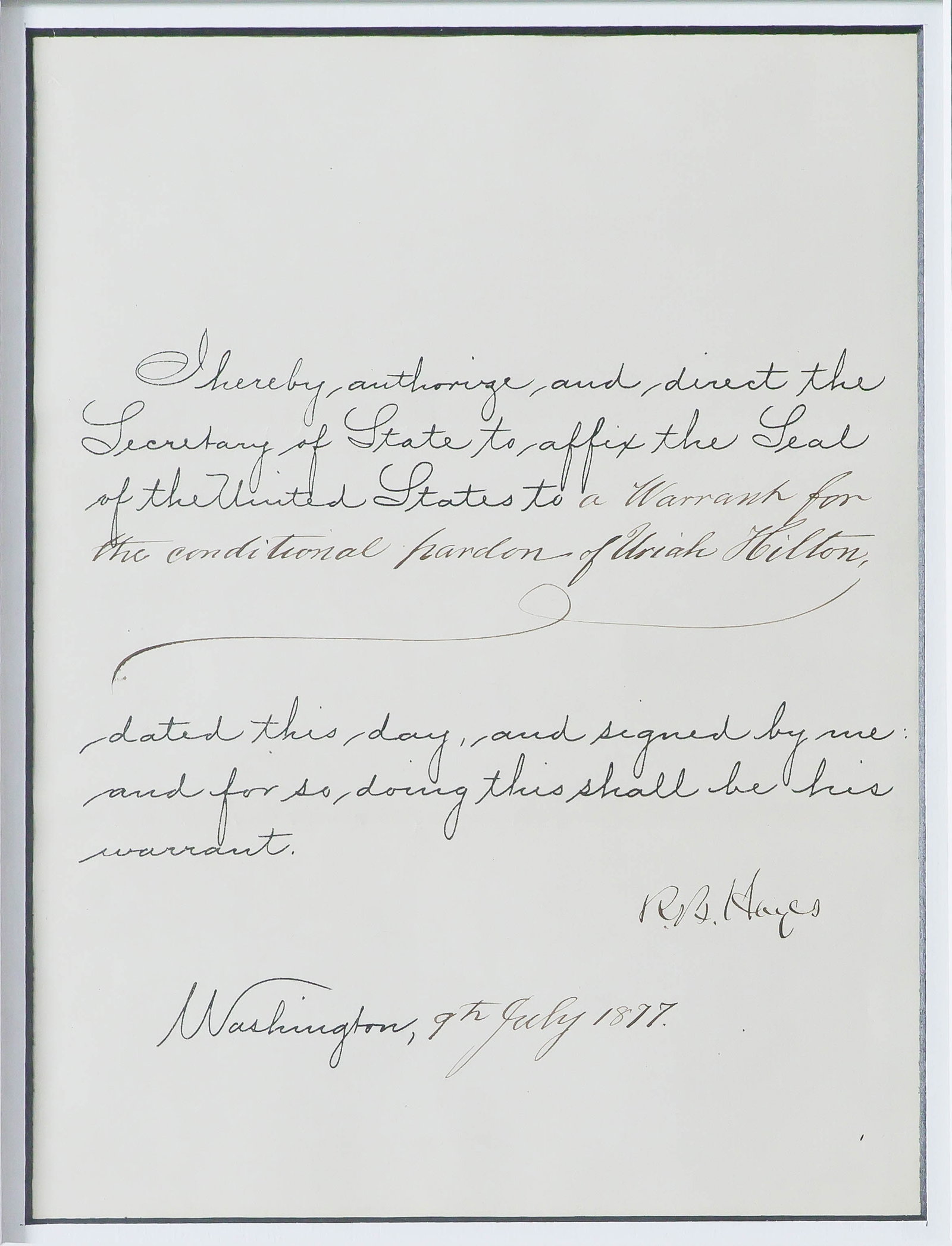 RUTHERFORD B. HAYES: (1822 - 1893) Nineteenth President of the United States and Union brigadier general, winner of the controversial presidential election of 1876. Partly-printed D.S. as President, 1p. 4to., Washington,