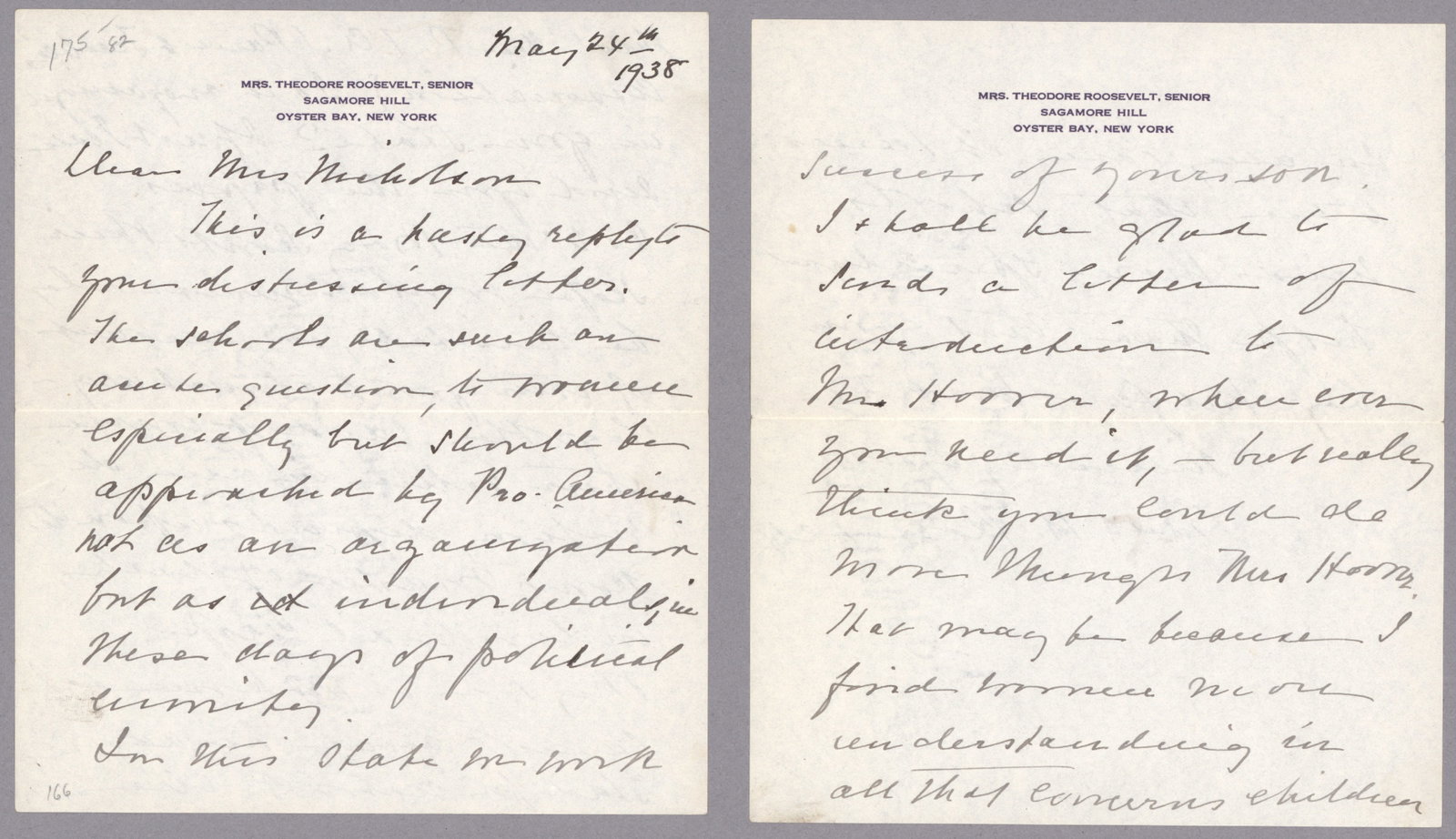 EDITH K. ROOSEVELT (2): (1861 - 1948) First Lady and second wife of Theodore Roosevelt, 26th President of the United States. Good content A.L.S., 4pp. 8vo., Sagamore Hill, May 24, 1938, to a Mrs. Nicholson, a