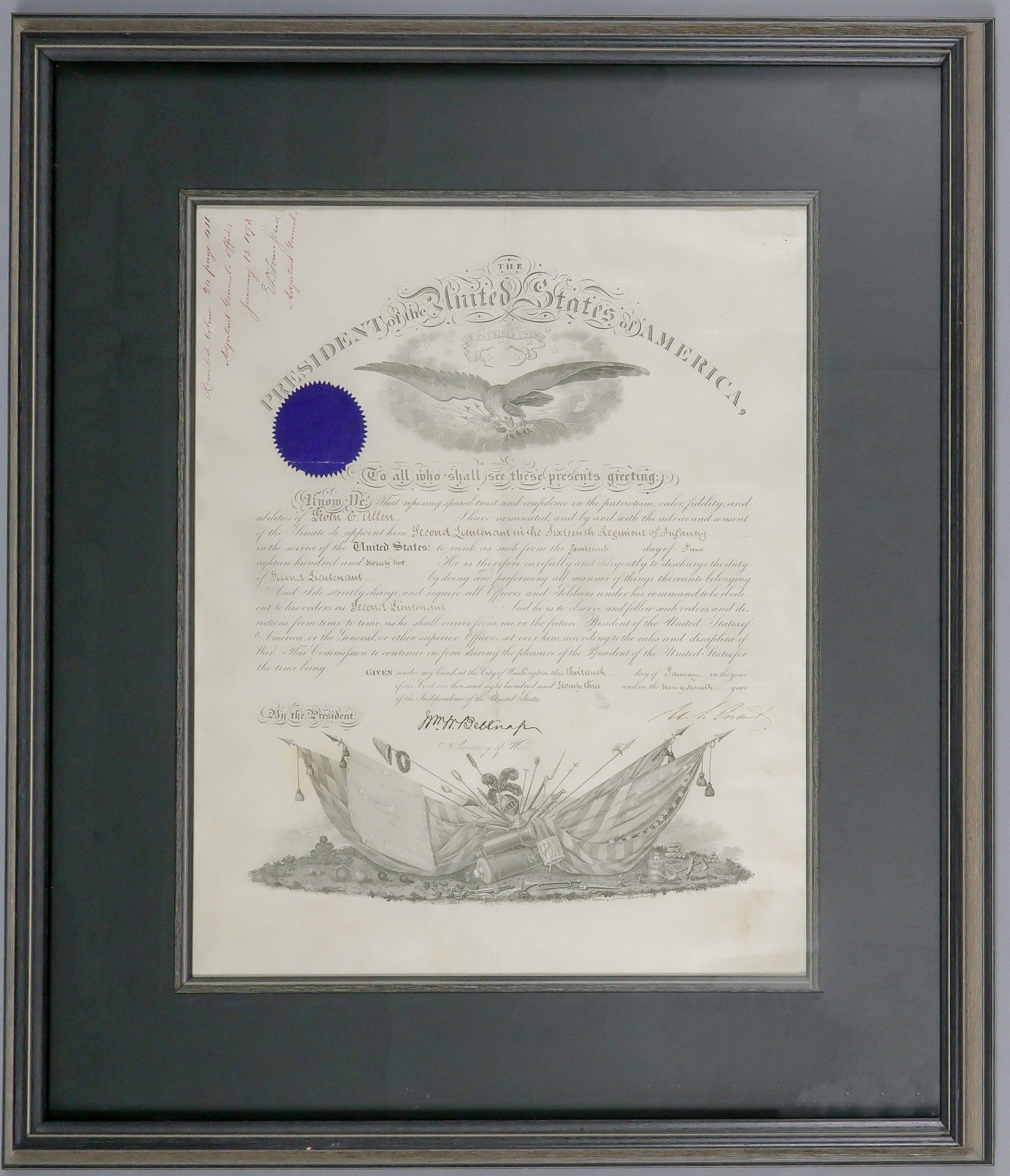 ULYSSES S. GRANT: (1822 - 1885) Eighteenth President of the United States and Union lieutenant general. Fine partly-printed D.S. as President, 1p. folio, Washington, Jan. 30, 1873, a military appointment of Leven C.