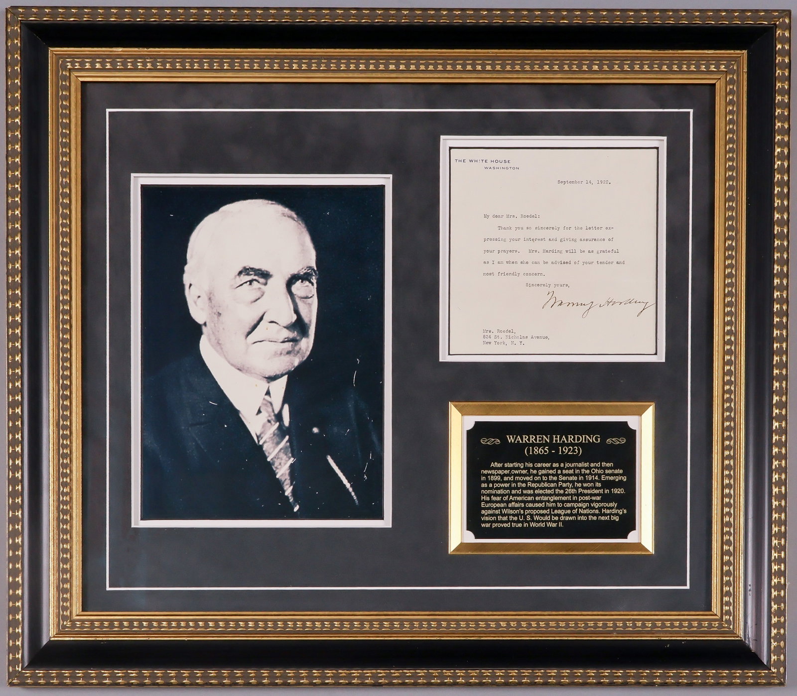 WARREN G. HARDING: (1865-1923) Twenty-ninth President of the United States. T.L.S. as President, 1p. 4to., Washington, Sept. 14, 1922, on White House letterhead to Mrs. Roedel, in part: ‘…Thank you so