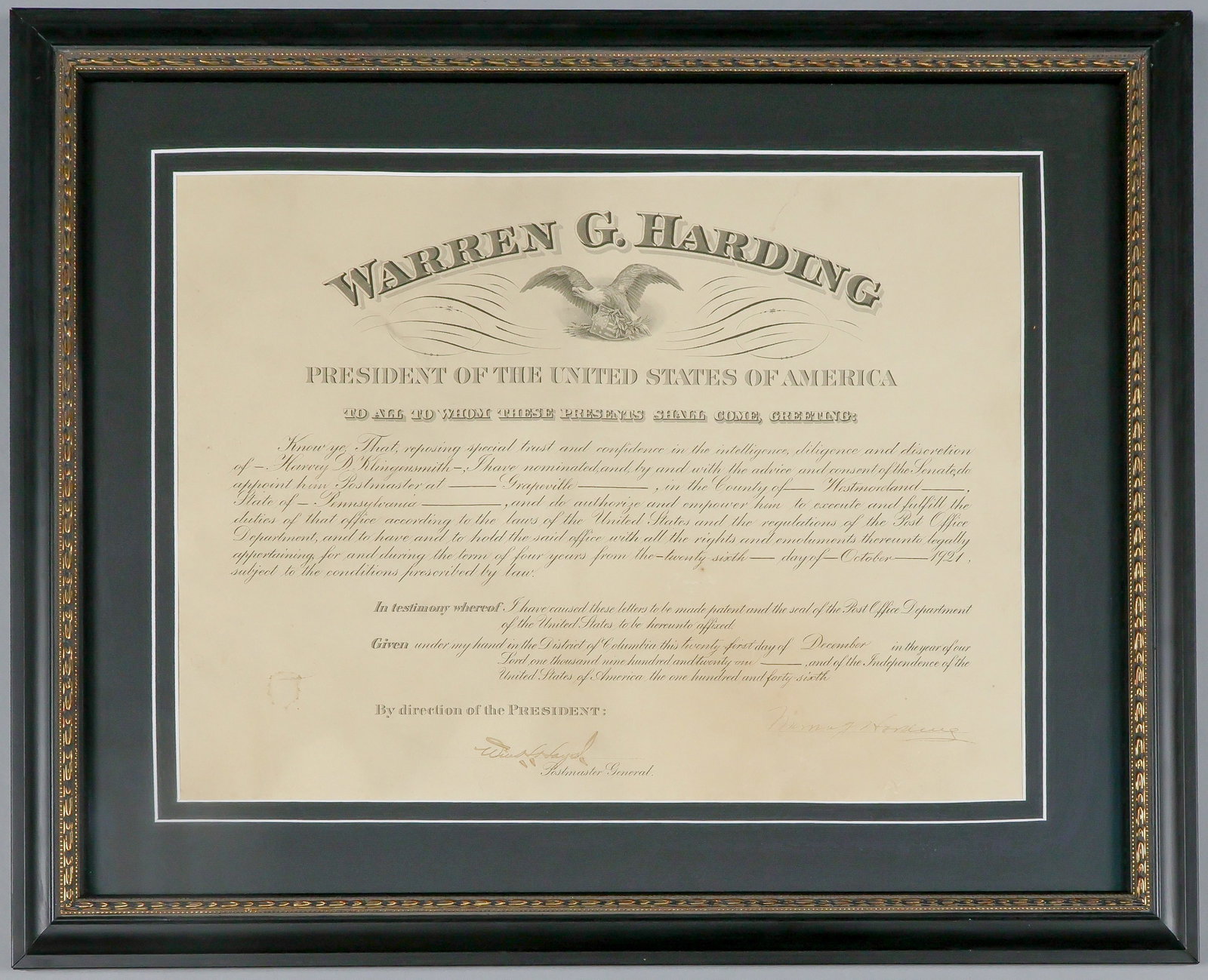 WARREN G. HARDING: (1865-1923) Twenty-ninth President of the United States. Partly-printed D.S. as President, 1p. oblong folio, Washington, Dec. 21, 1923, an appointment of Harvey D. Klingensmith as Postmaster of Grapev