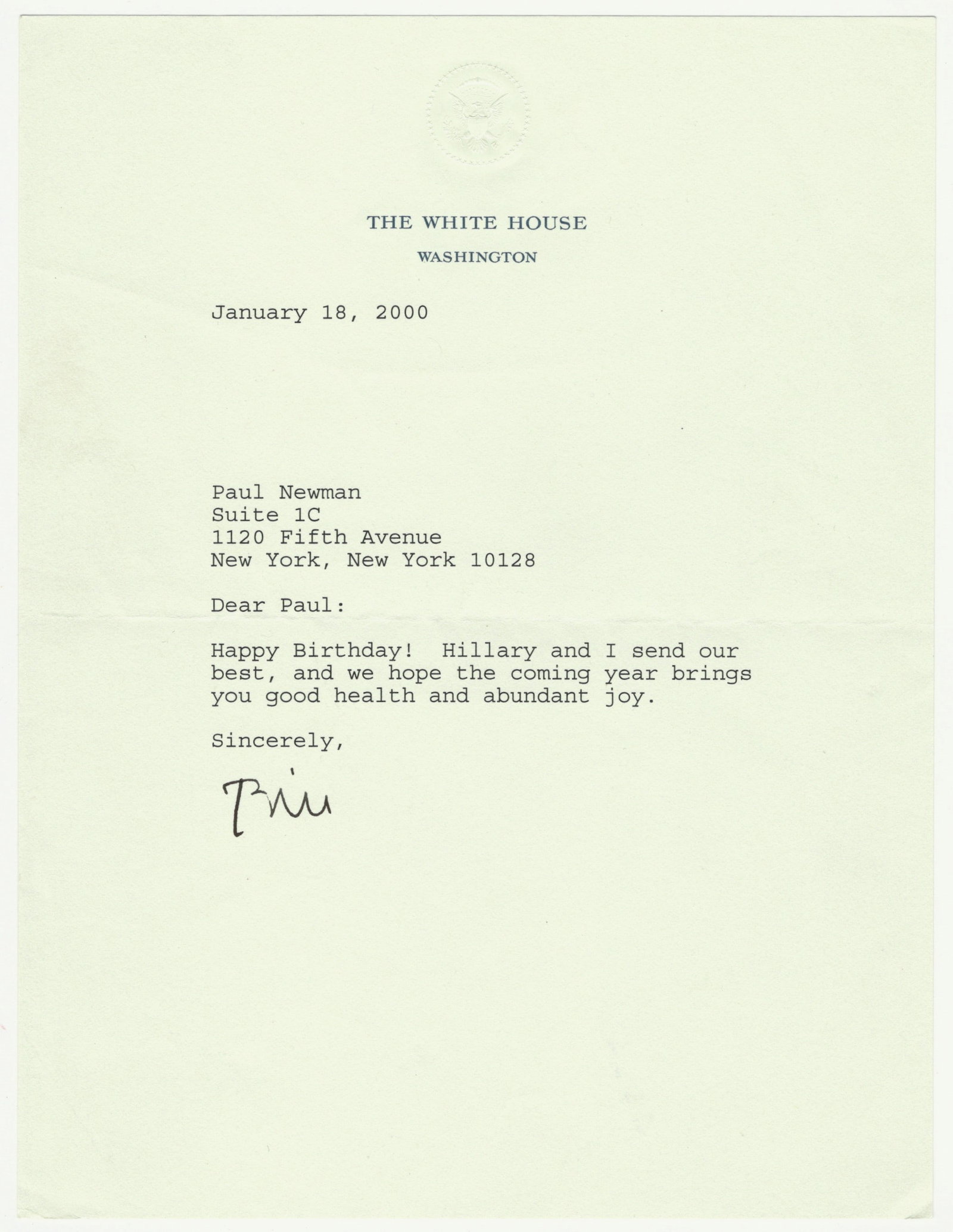 WILLIAM J. CLINTON: (b. 1946) Forty-second President of the United States, the first elected president to be impeached. Fine association presidential T.L.S., 1p. 8vo. Washington, Jan. 18, 2000, to PAUL NEWMAN (1925 -