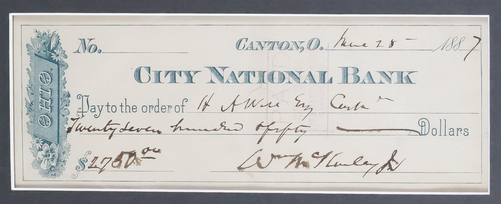 WILLIAM MCKINLEY: (1843 - 1901) Twenty-fifth President of the United States, acquired Cuba, Puerto Rico, Guam and Hawaii, assassinated. Partly-printed D.S. 1p. oblong 8vo., Canton, OH, June 25, 1887. McKinley
