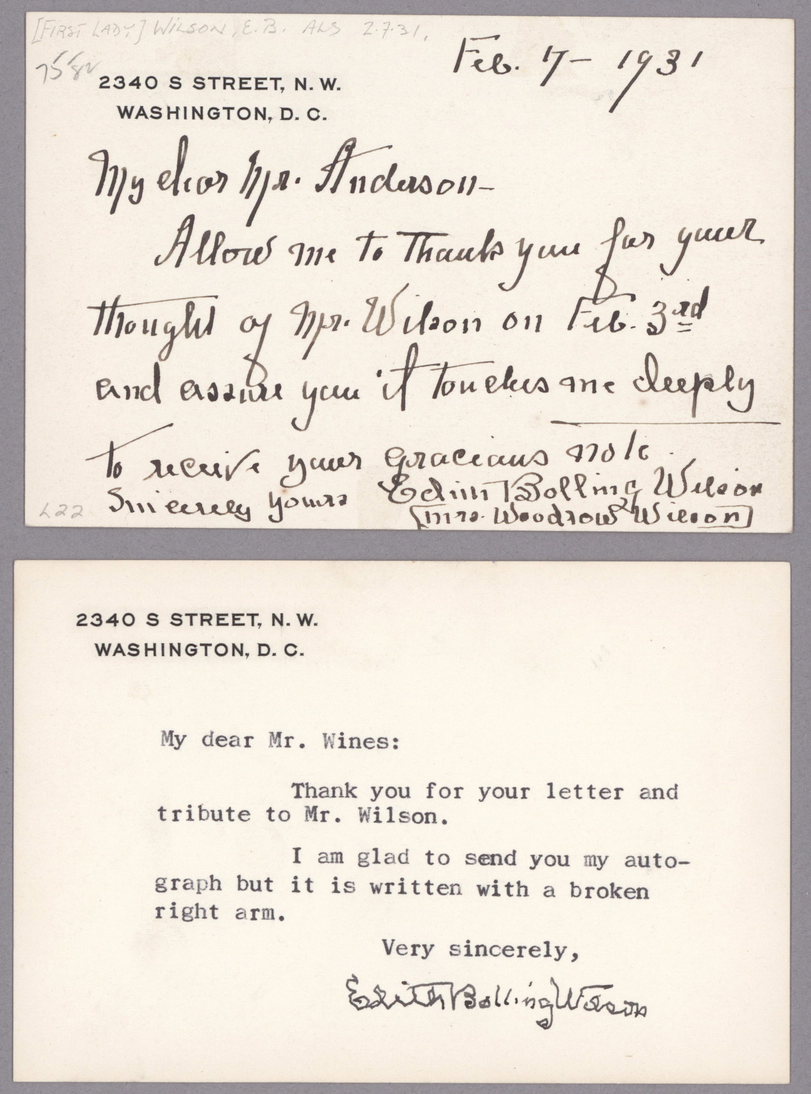 EDITH BOLLING WILSON (2): (1872-1961) First Lady of the United States from her marriage to Woodrow Wilson in 1915 until the end of his term in 1921. After her husband's stroke in 1919, she was the first and the only First