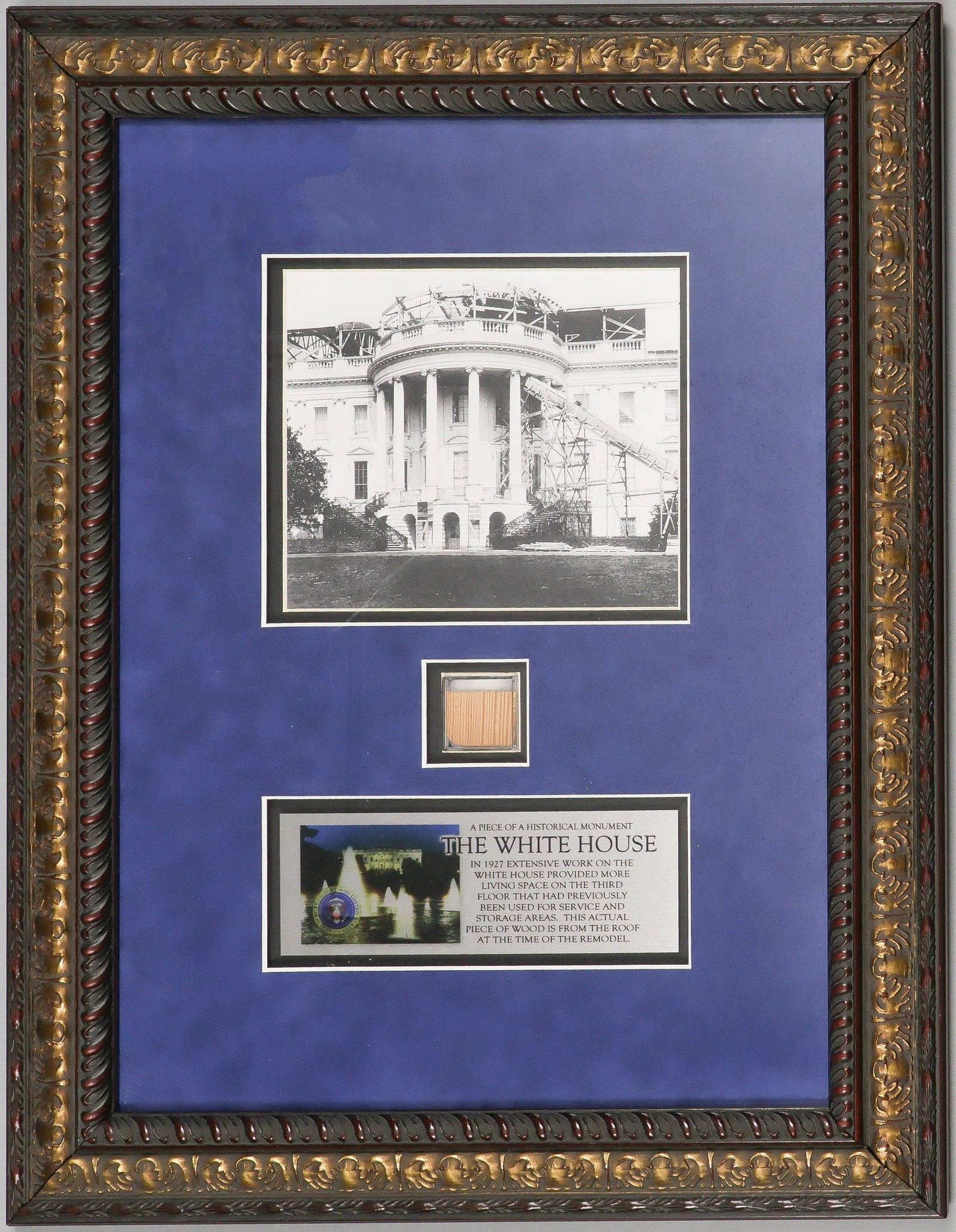 A PIECE OF THE WHITE HOUSE LIVING QUARTERS: A neat presidential relic, a thin 1.25 x 1 in. section of wood taken from the 'living space on the third floor that had previously been used for service and storage area' at the White House,