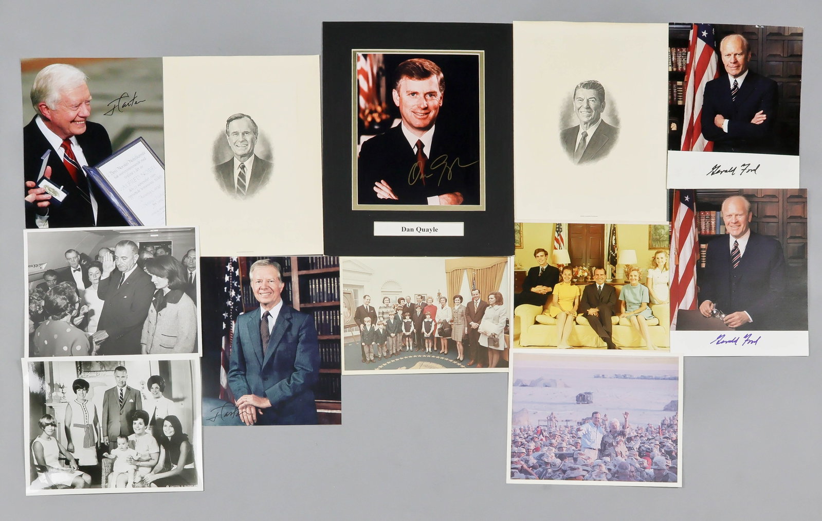(PRESIDENTS): A group of five S.P.s., each 8 x 10 in. color, with formal portraits of GERALD R. FORD; JIMMY CARTER receiving the Nobel Prize, and Vice President DAN QUAYLE in the Oval Office. WITH: five 8 x 10 in.