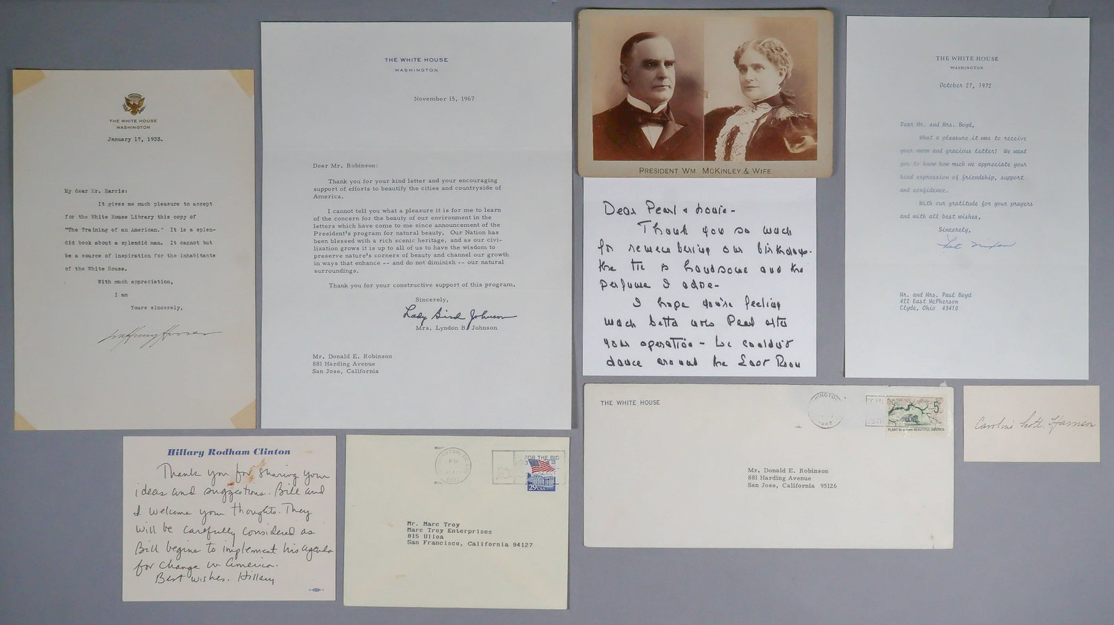 FIRST LADIES (6): A fine lot of six items signed by First Ladies of the United States, includes: LADY BIRD JOHNSON (1912-2007), T.L.S. on White House letterhead, 1p. 4to., Washington, D.C., Nov. 15, 1967, to a Donald