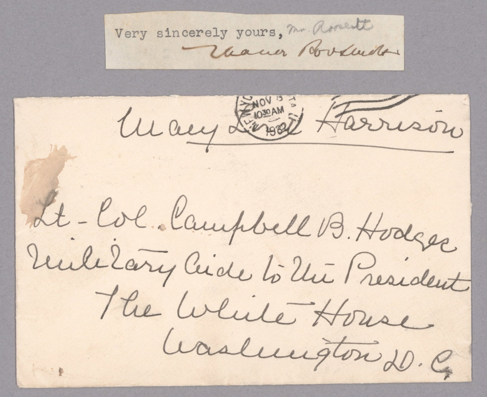 FIRST LADIES (2): Pair of items signed by First Ladies, includes a cut signature of ELEANOR ROOSEVELT, with a 1932 envelope franked by MARY LORD HARRISON. Two pieces.