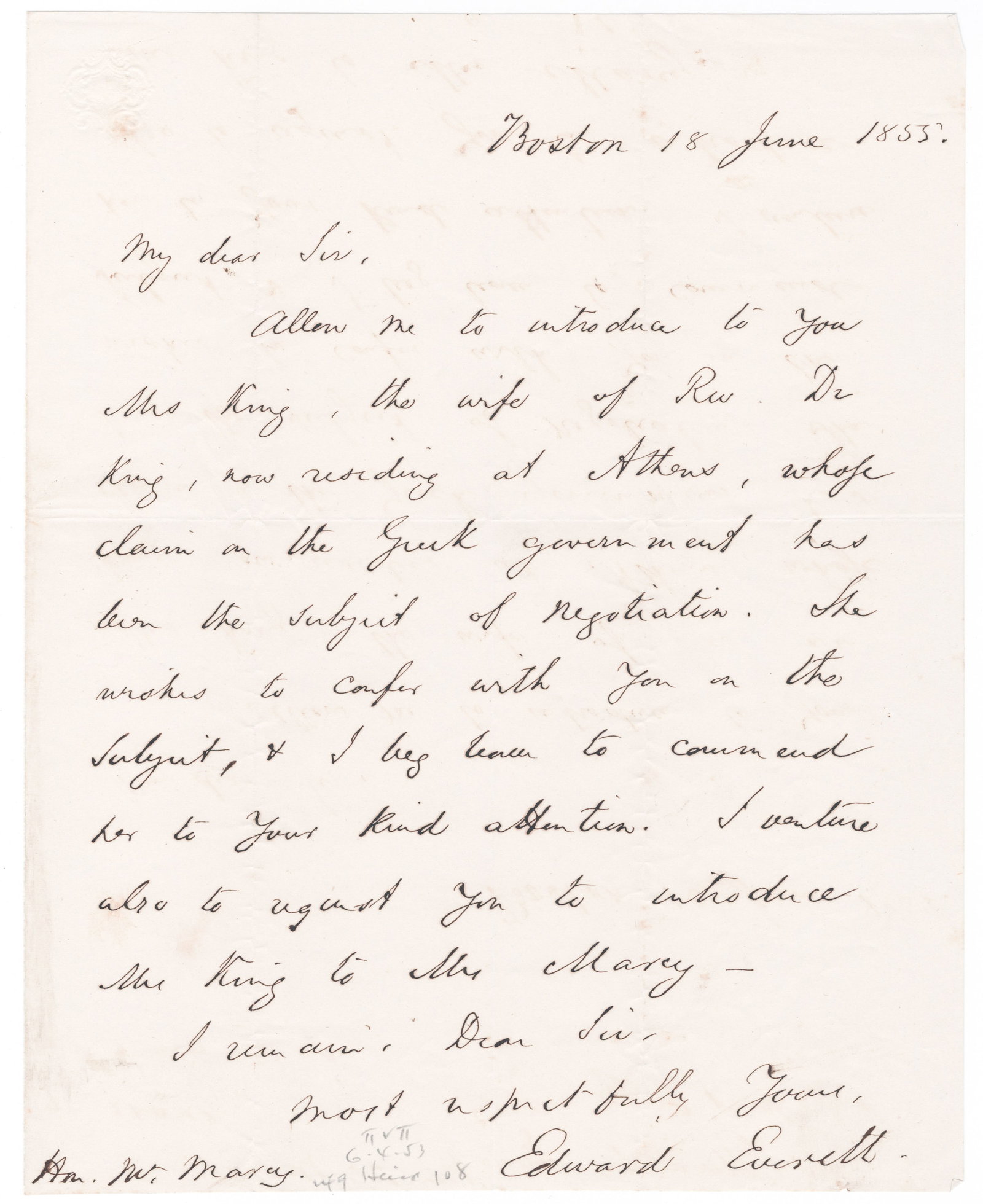 EDWARD EVERETT: (1794-1865) American clergyman, senator and Secretary of State, a brilliant orator who spoke prior to Lincoln at Gettysburg. Good association A.L.S., 1p. small 4to., Boston, June 18, 1855, to New