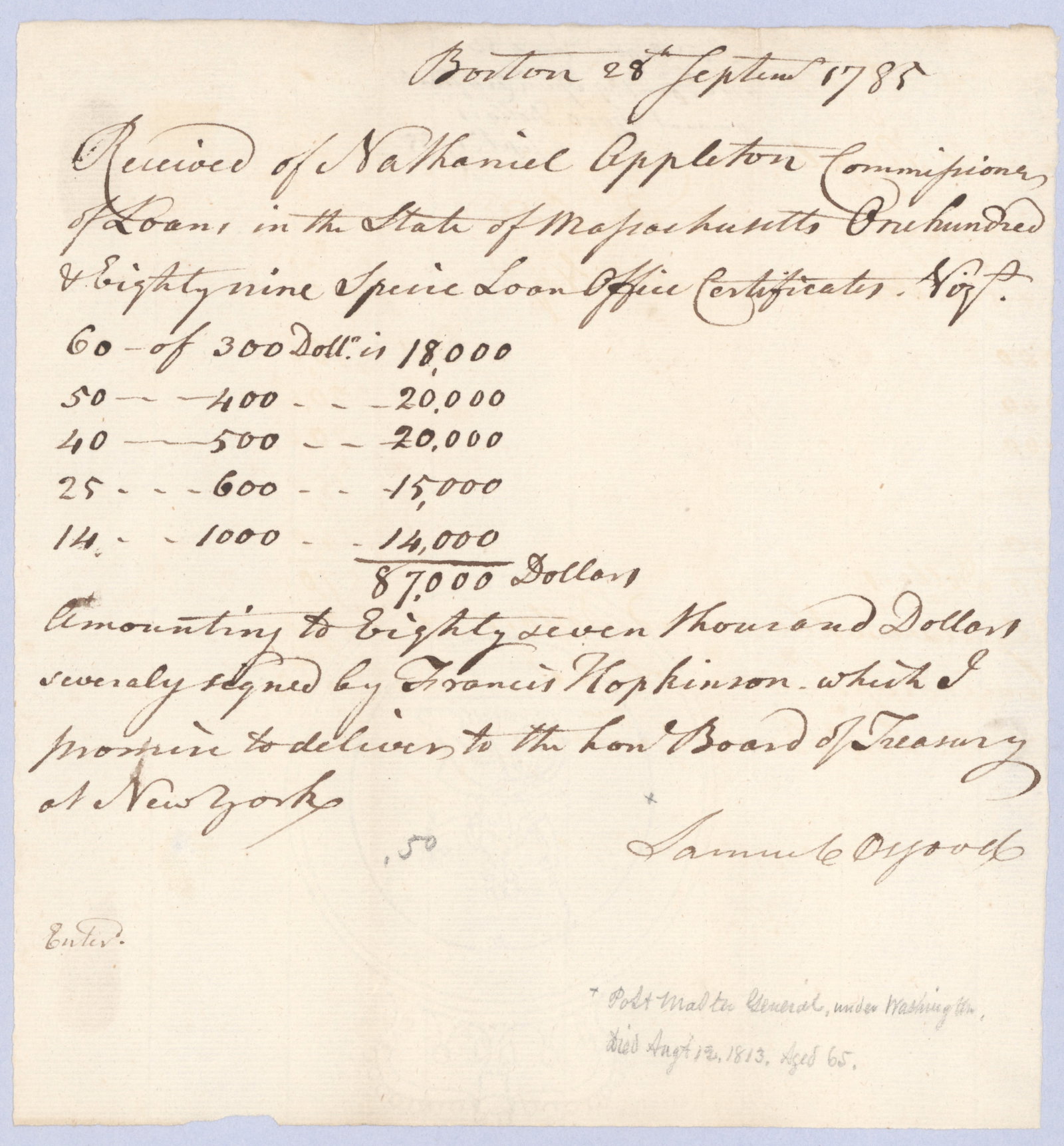 SAMUEL OSGOOD: (1747-1813) Revolutionary War officer, member of the Continental Congress, Commissioner of the Continental Treasury and fourth Postmaster General of the United States under George Washington. Good