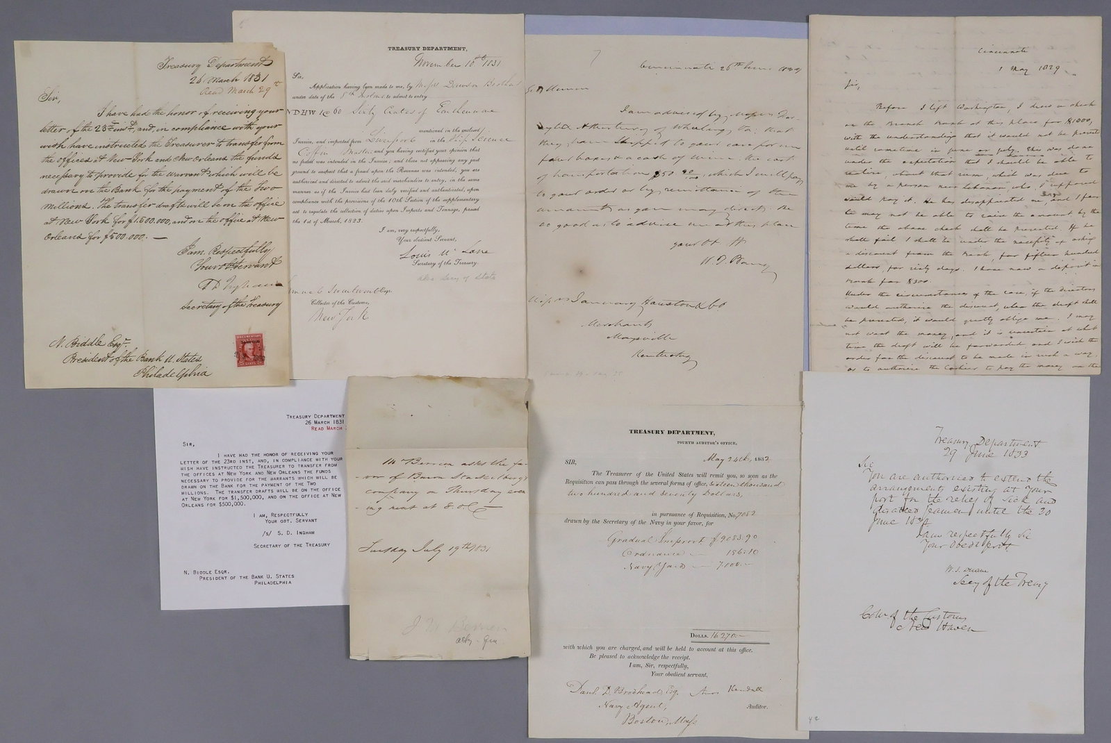 THE CABINET OF ANDREW JACKSON (7): A fine lot of seven items signed by cabinet members and other prominent individuals appointed by President Andrew Jackson, includes: JOHN M. BERRIEN (1781-1856) Jackson’s first Attorney