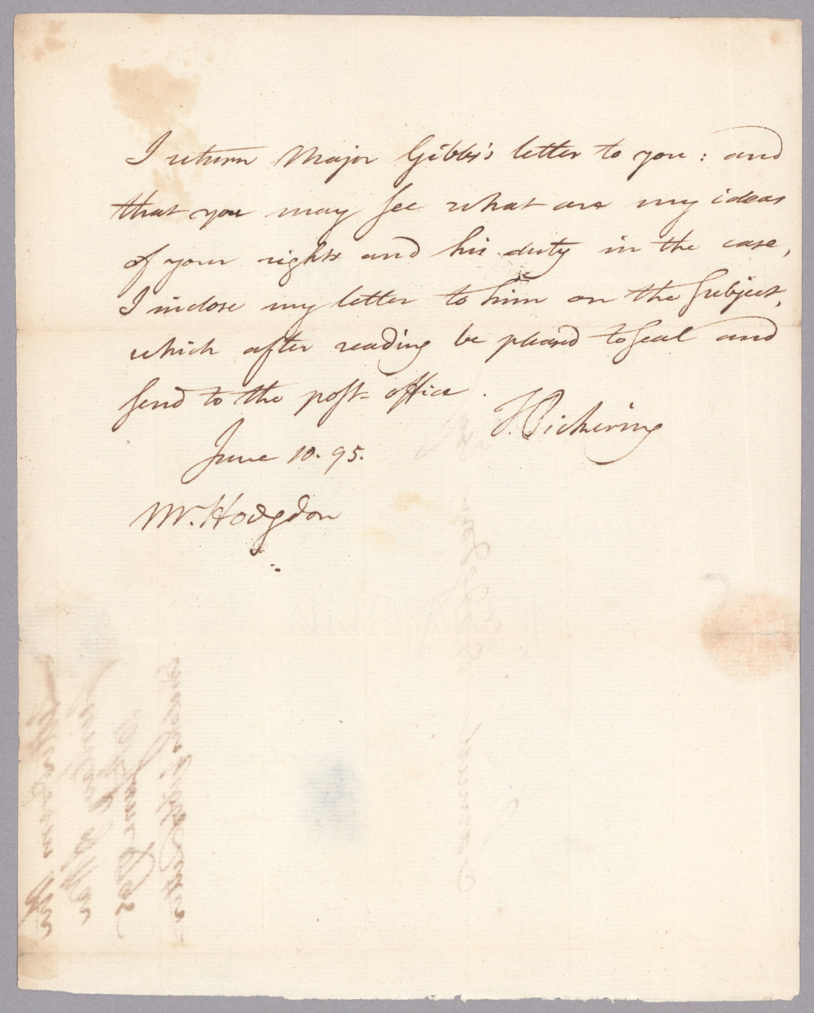 TIMOTHY PICKERING: (1745 - 1829) American politician and Adjutant General of the Continental Army, Secretary of War (1795) and Secretary of State (1795-1800). Good association A.N.S. as Secretary of War, 1p. 4to.,