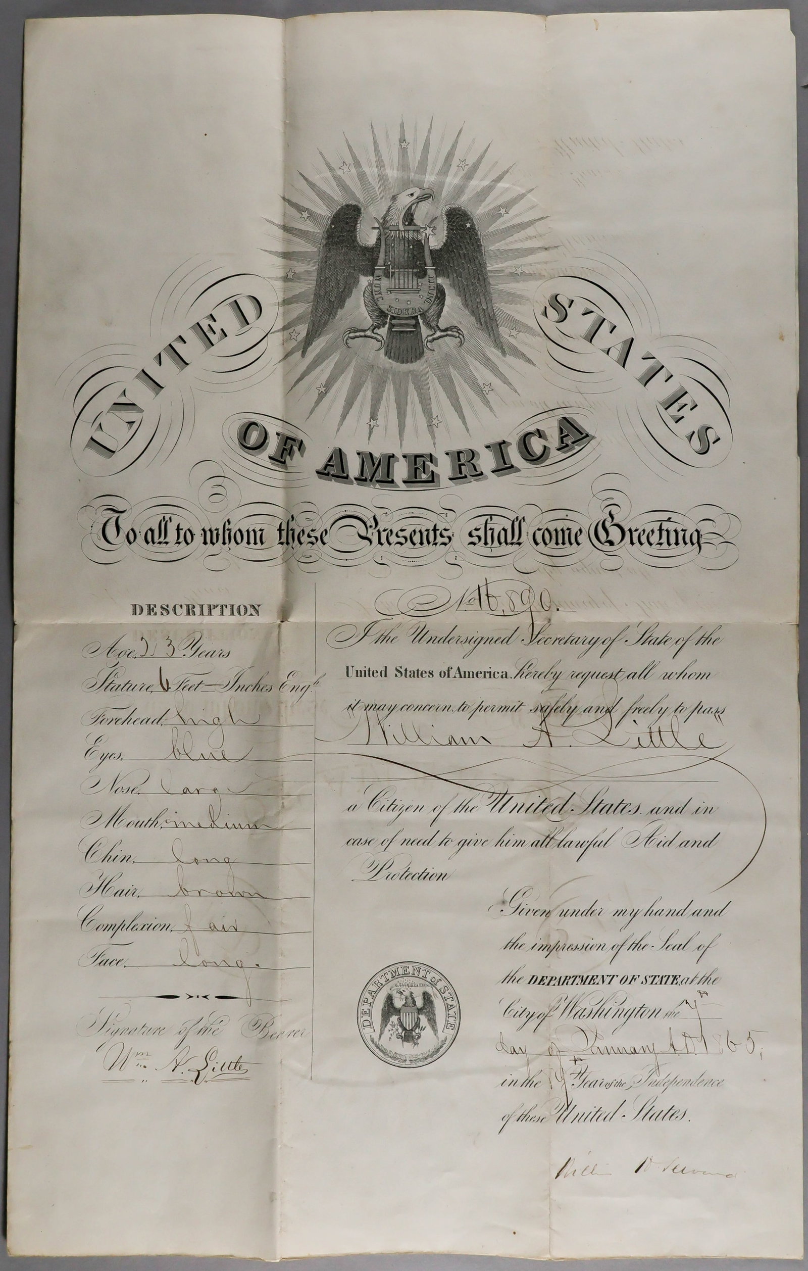 WILLIAM H. SEWARD: (1801 - 1872) American politician and Lincoln's Secretary of State, responsible for preventing official European recognition of the Confederacy. Fine partly-printed D.S. as Secretary of State, 1p.