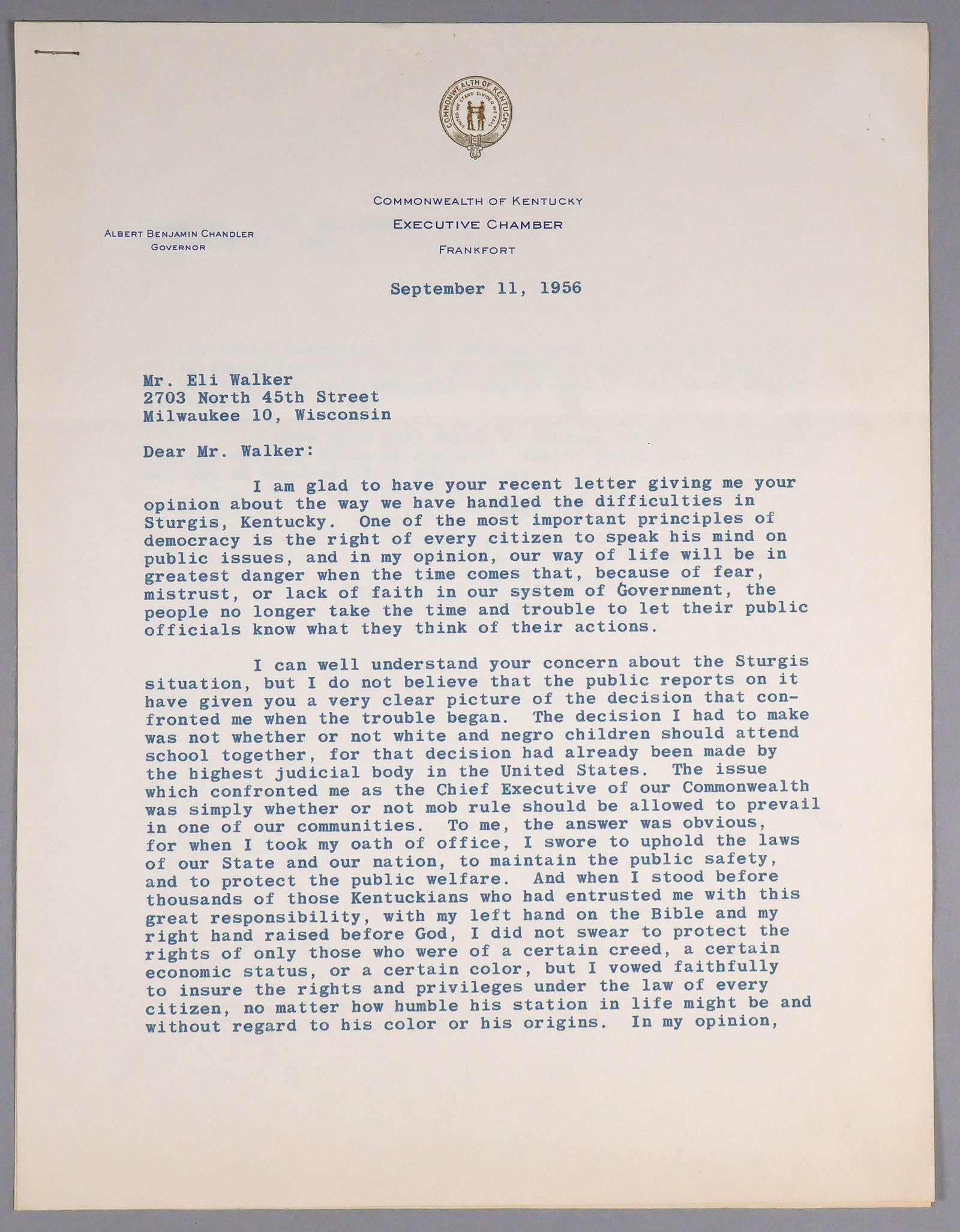 (CIVIL RIGHTS MOVEMENT): ALBERT BENJAMIN CHANDLER (1898-1991) ‘Happy’, Senator for and Governor of Kentucky, a controversial figure who, as Commissioner of Baseball, helped Jackie Robinson break the ‘color