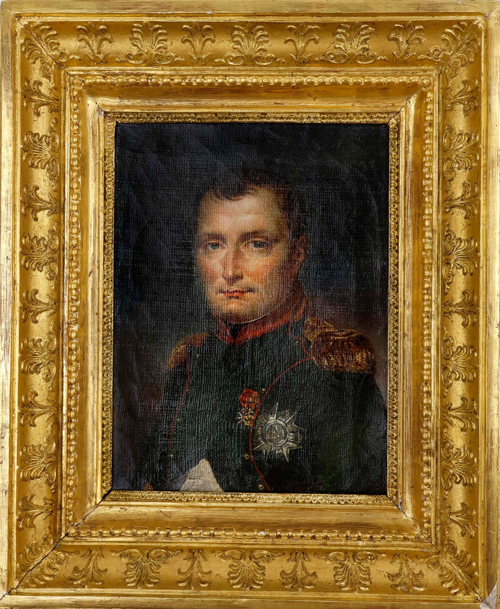 FIRST EMPIRE PORTRAIT OF NAPOLEON BONAPARTE: Most attractive contemporary oil on canvas portrait of Napoleon Bonaparte, from the school of Jacques-Louis David (1748-1825), 6 3/8 x 8 5/8 in. overall. This is a well-detailed chest-up portrait of