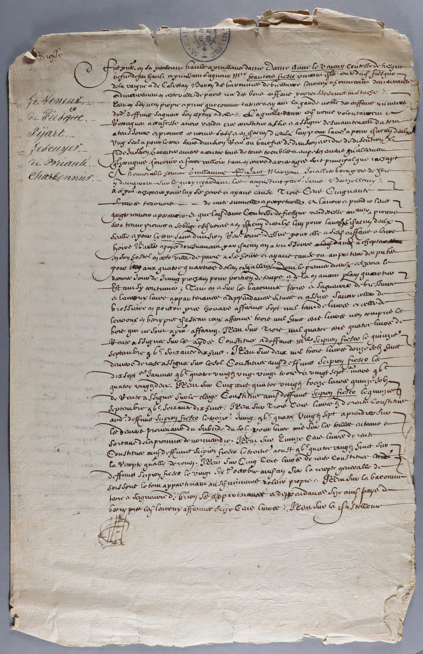 17TH CENTURY FRENCH NOTARIAL DOCUMENT: Interesting manuscript D.S. 3pp. legal folio, [n.p., ca. early 1600s], a legal document, not translated and signed by five individuals at conclusion. Wear to margins and expected soiling consistent