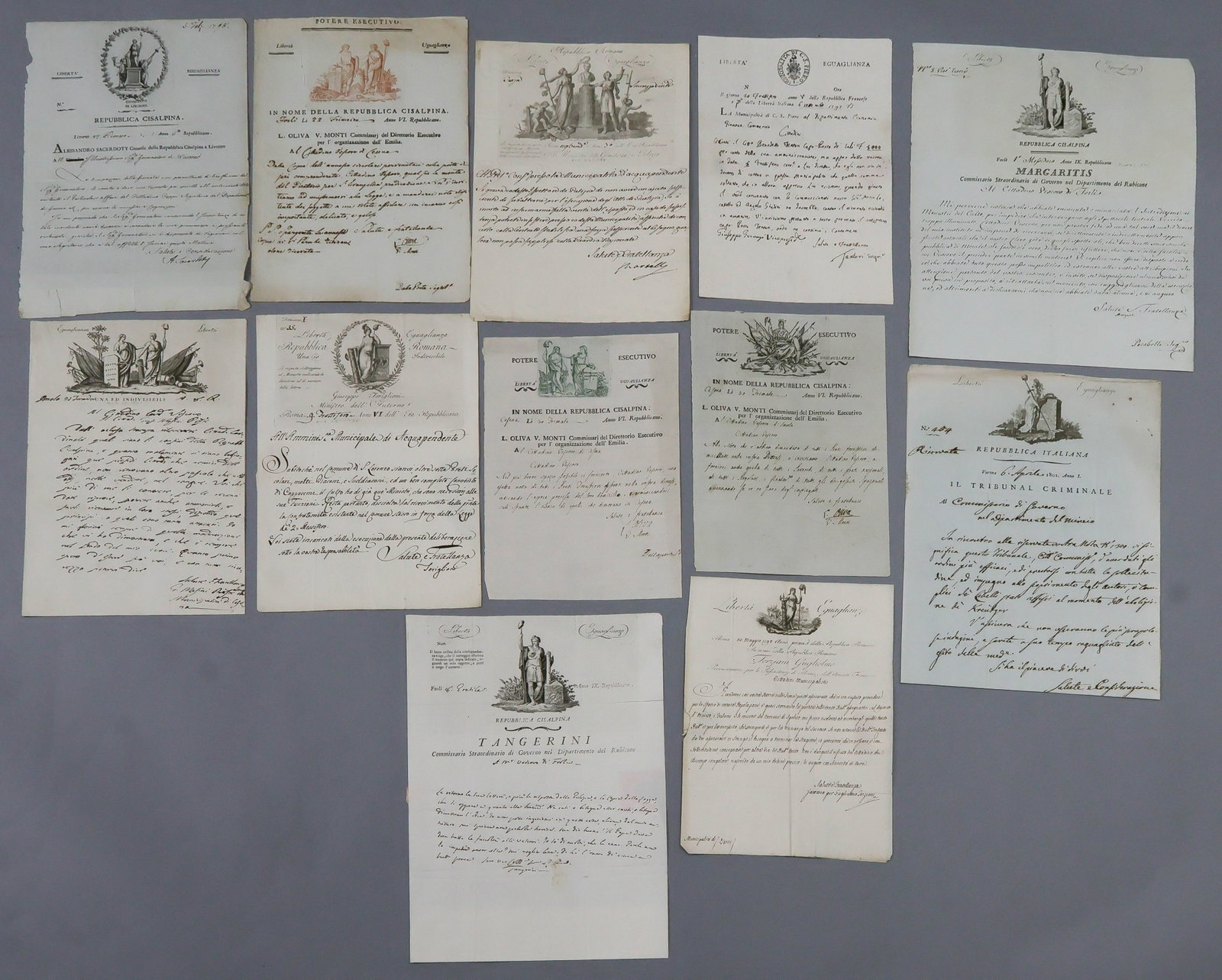 ITALIAN FRENCH REVOLUTIONARY ERA ILLUSTRATED LETTERHEAD GROUP (31): A fine group of 31 French Revolution era letters and documents from French sister republics in Italy each on richly-illustrated letterhead. The documents are legal folio size in most part, comprising